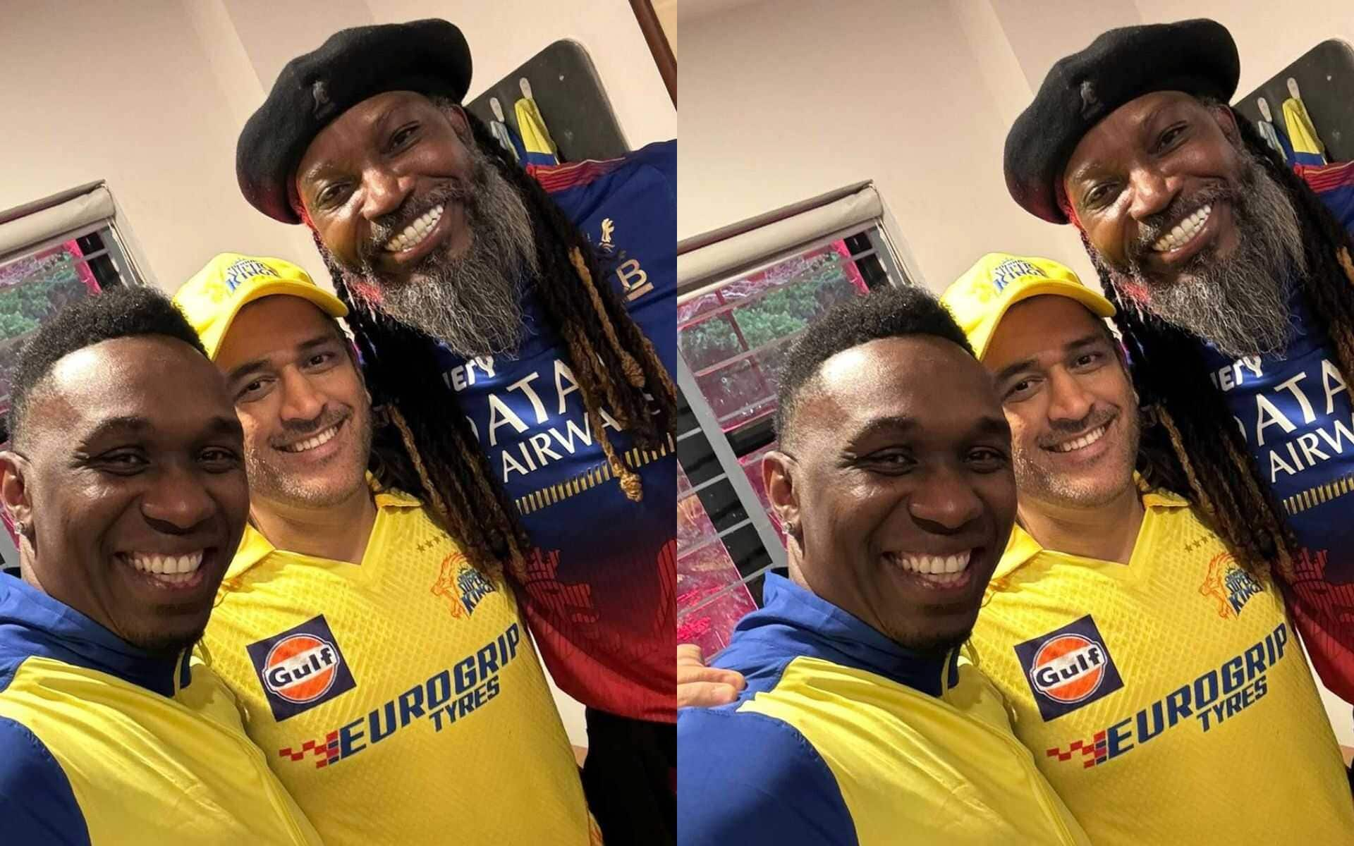 MS Dhoni with Gayle and DJ Bravo in Bengaluru (IG)