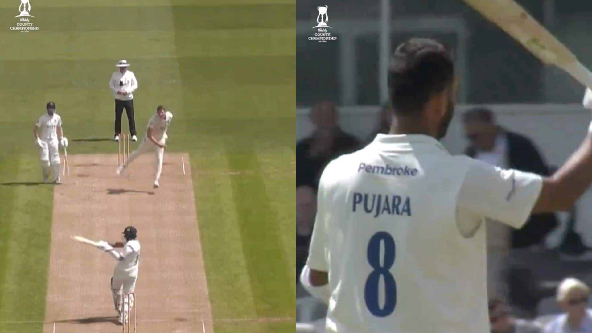 Pujara brought up his 100 with a four [X]