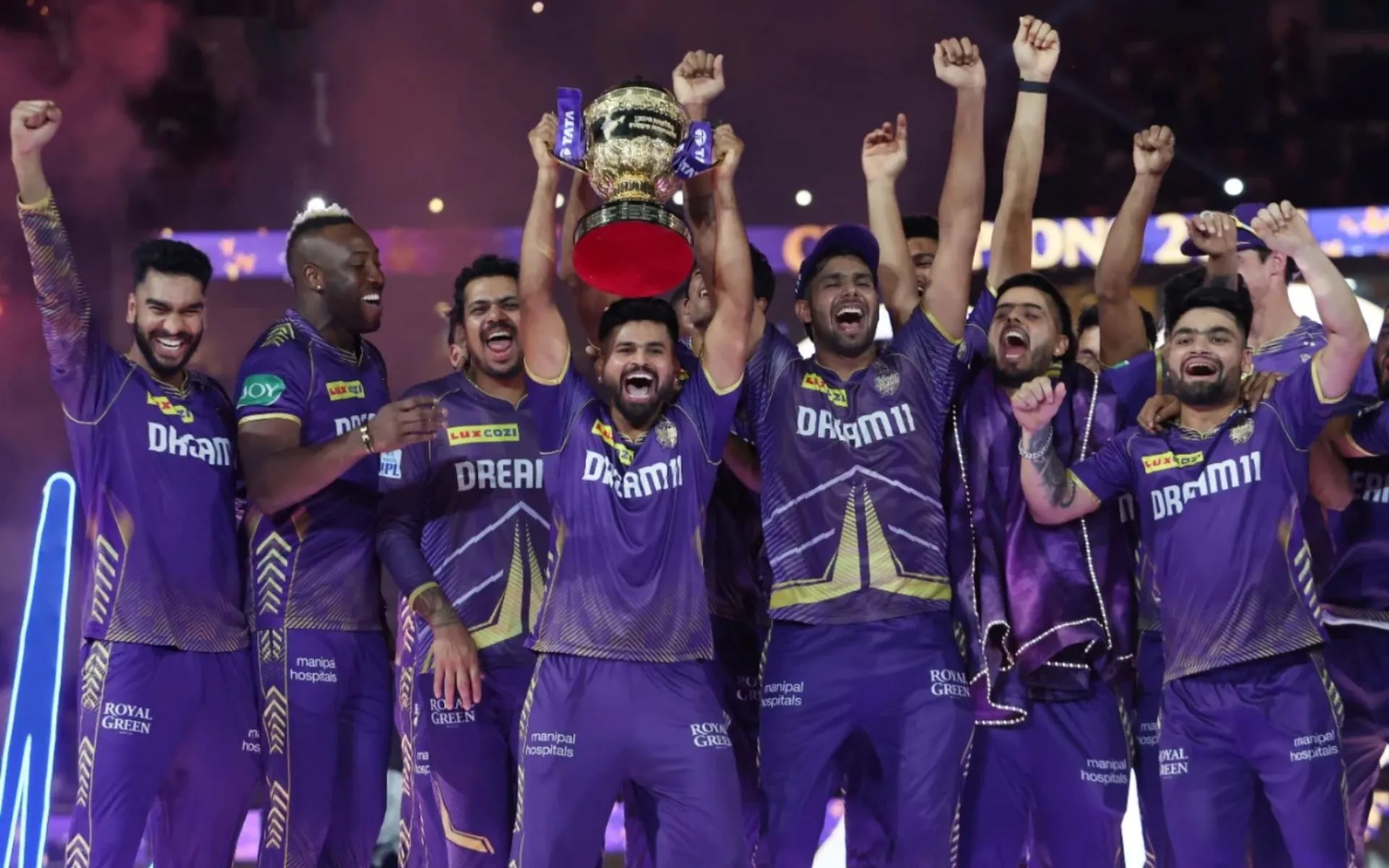 Shreyas Iyer with KKR teammates celebrating IPL 2024 win (BCCI)