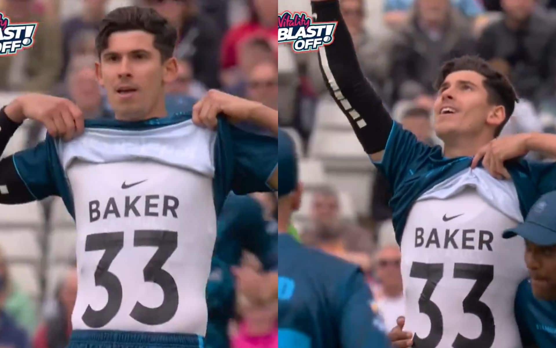 Patrick Brown shows Josh Baker's jersey number during a T20 Blast game [x.com]
