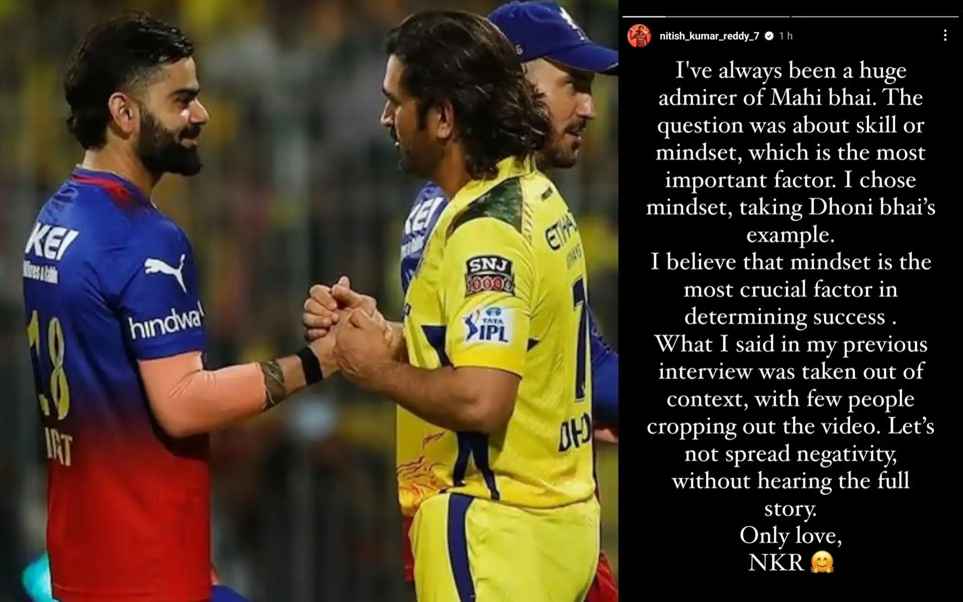 Nitish Reddy's Instagram story after Dhoni-Kohli remark (X.com)