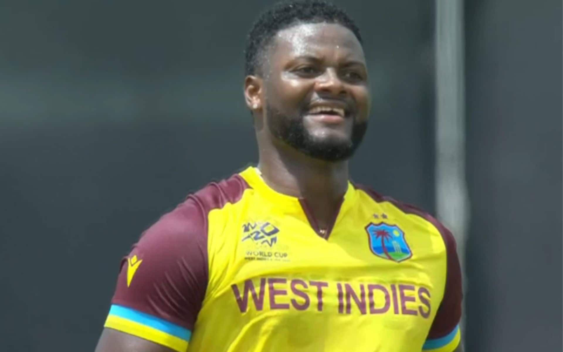 Romario Shepherd after picking first wicket for WI (X.com)