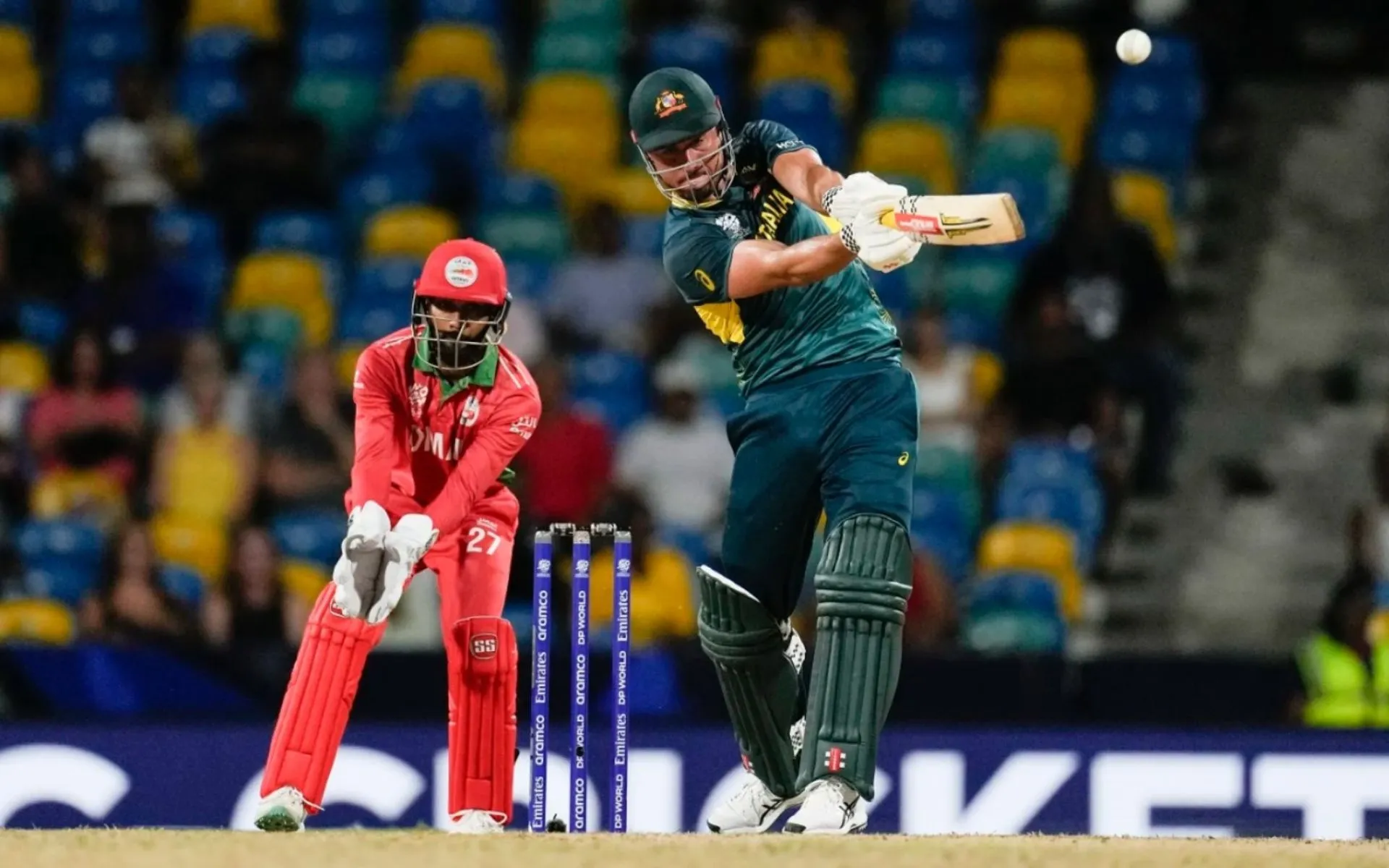Marcus Stoinis muscles one into his leg side during AUS vs OMA in Barbados [X]