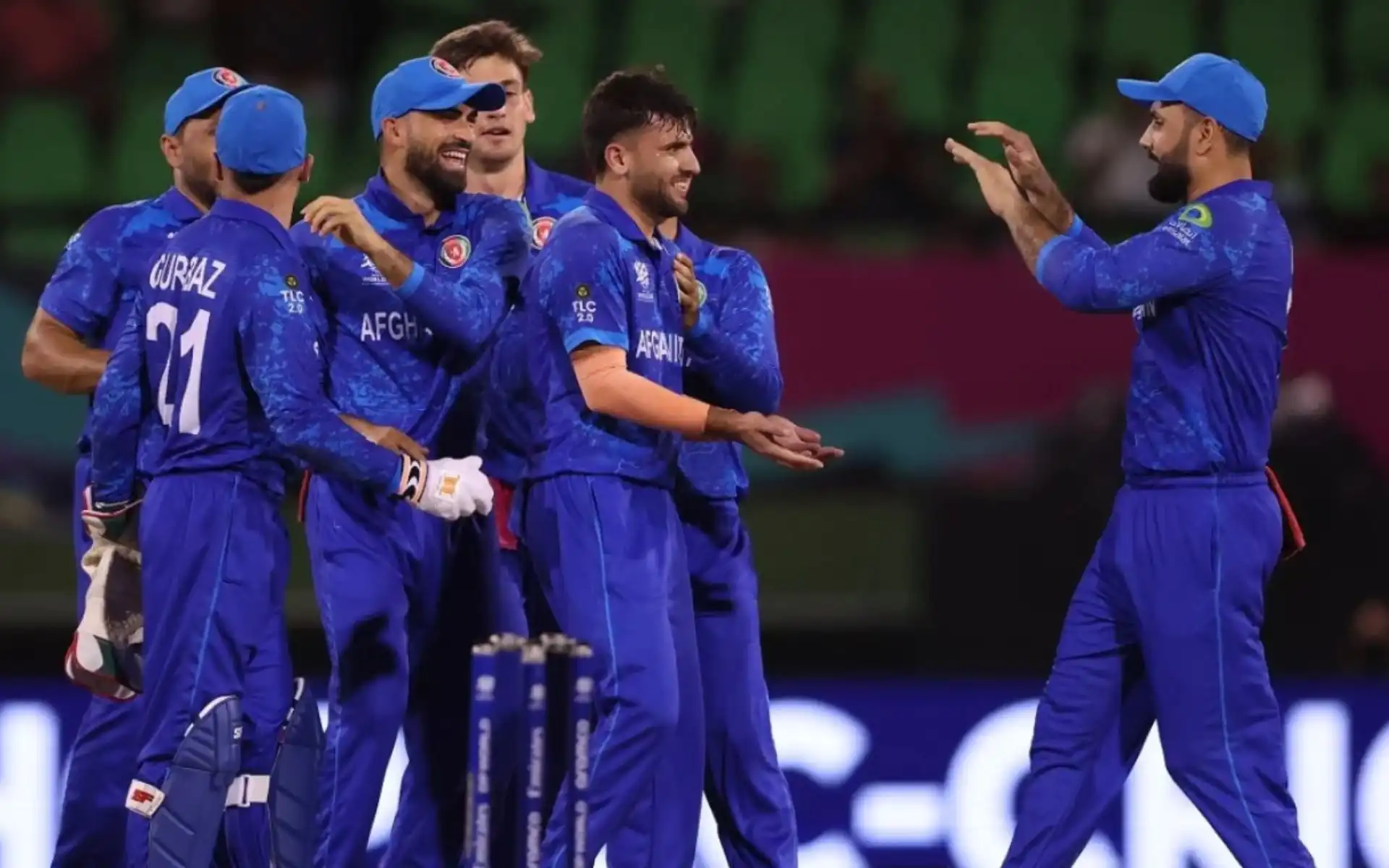Fazalhaq Farooqi celebrating a NZ wicket with teammates (x.com)