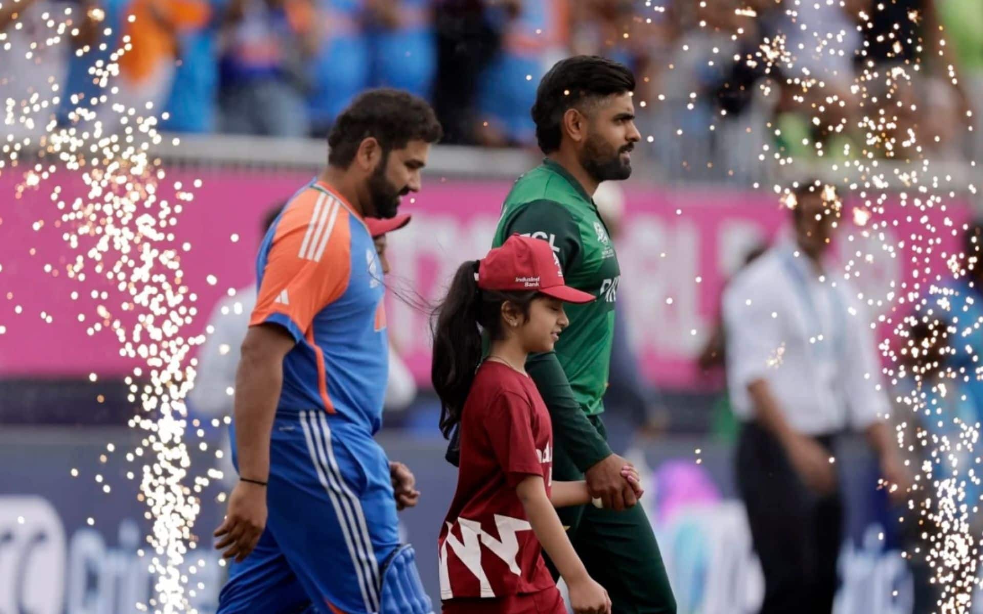 India and Pakistan captains Rohit Sharma and Babar Azam walk out for national anthems (AP)