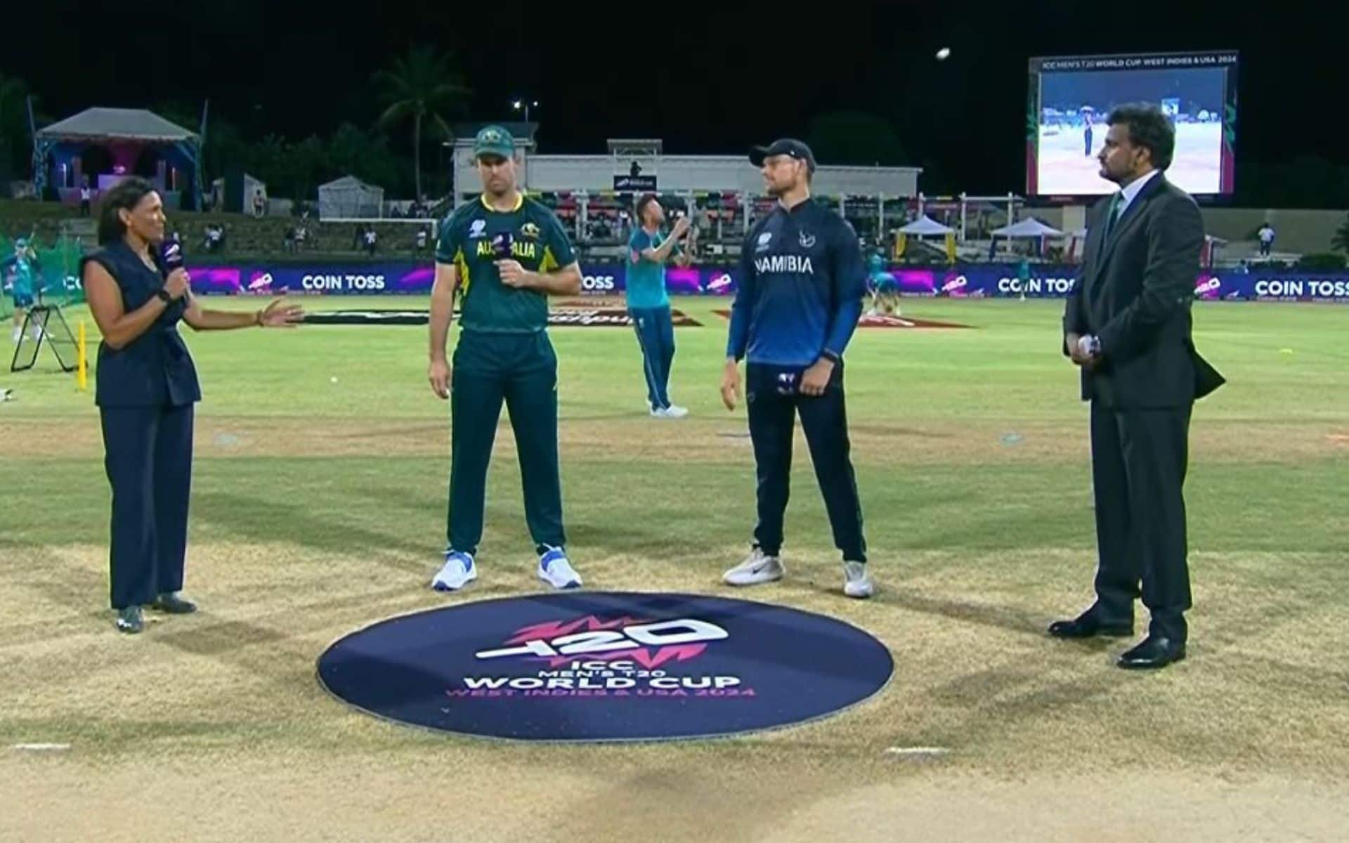 Mitch Marsh and Gerhard Erasmus during the toss in the 24th Match of T20 World Cup 2024 [X]