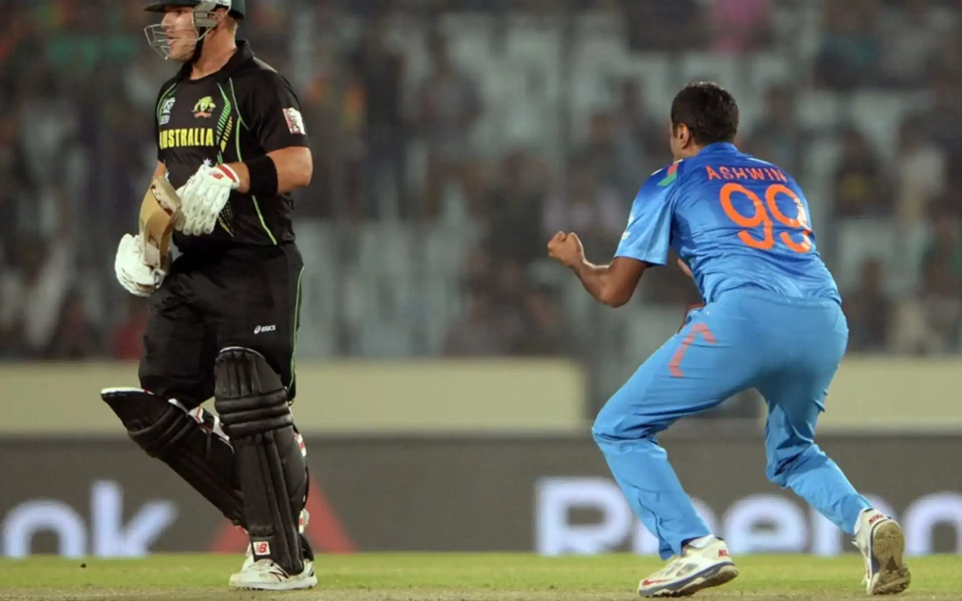 Ravichandran Ashwin celebrating the downfall of Aaron Finch in 2014 (x.com)