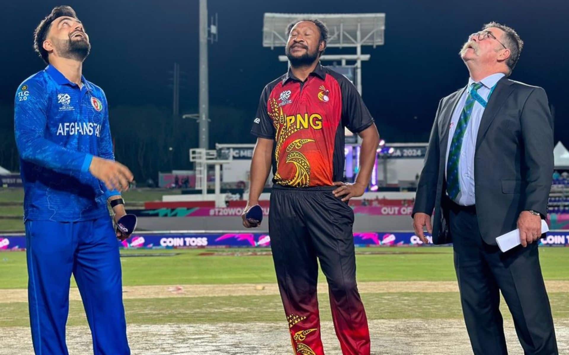 Rashid Khan and Assad Vala during the toss of the 29th match in the T20 World Cup 2024 [X]