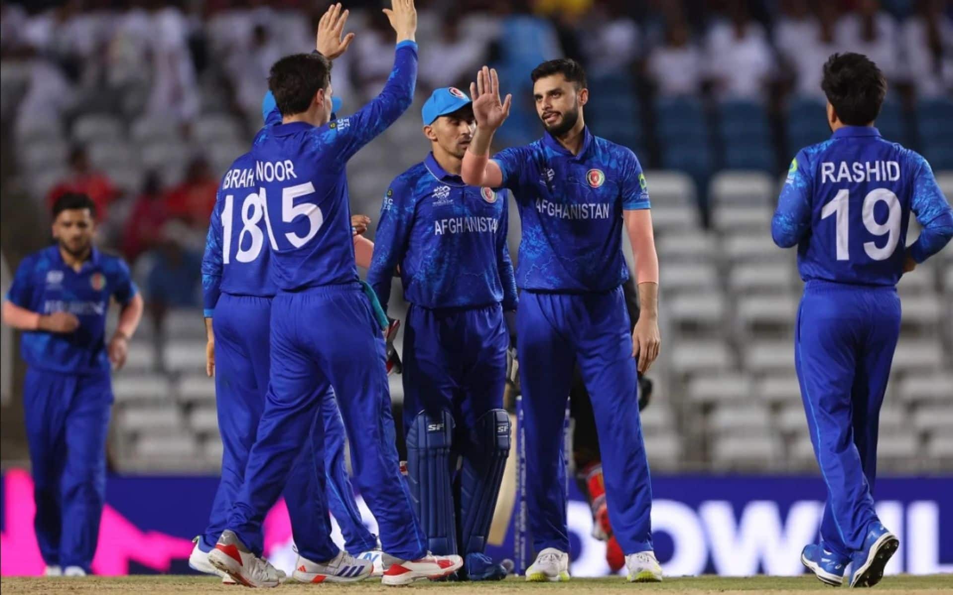 Afghanistan players celebrating a PNG wicket at 2024 T20 World Cup (X)