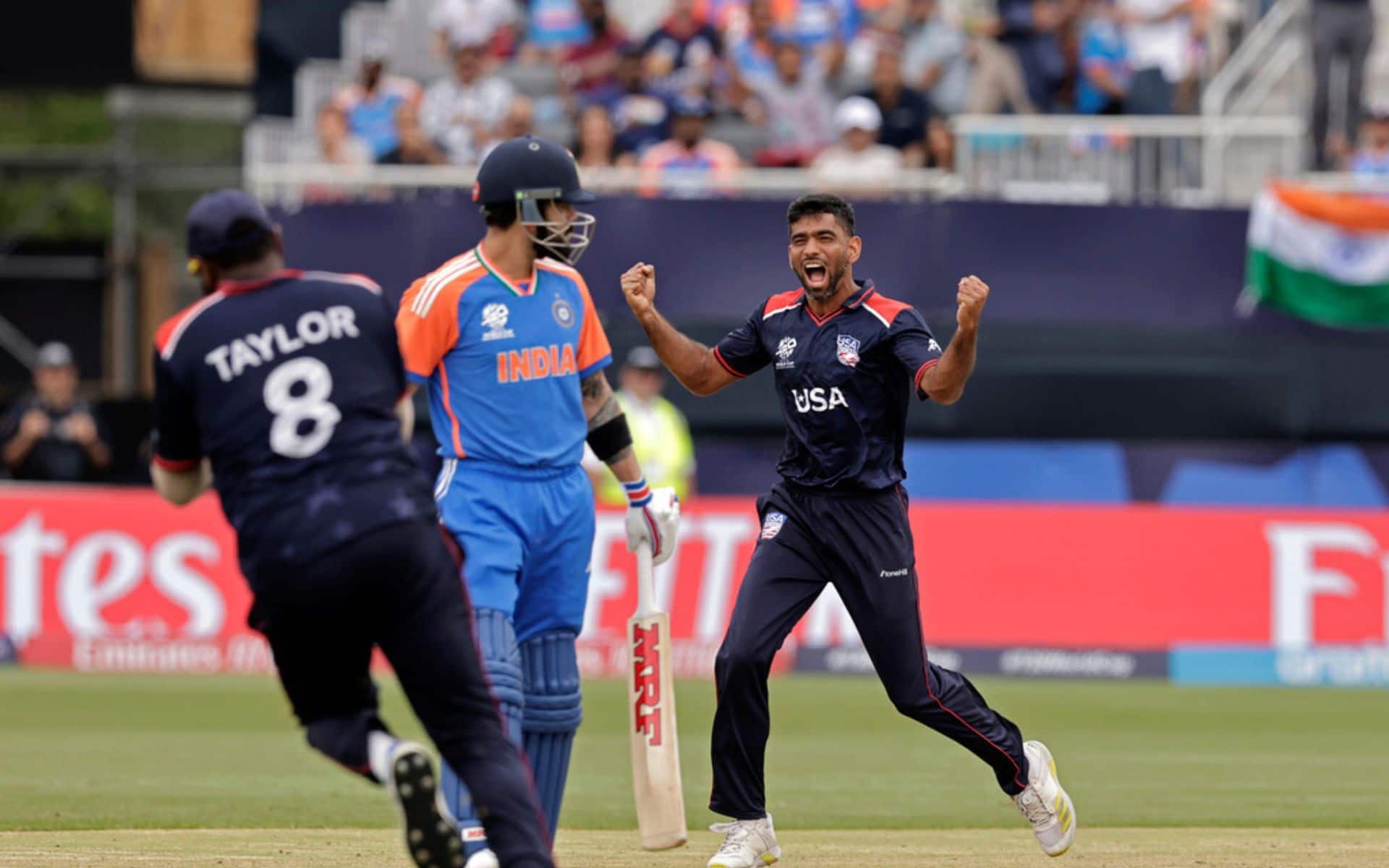 Saurabh Netravalkar celebrates Virat Kohli's wicket [AP Photo]