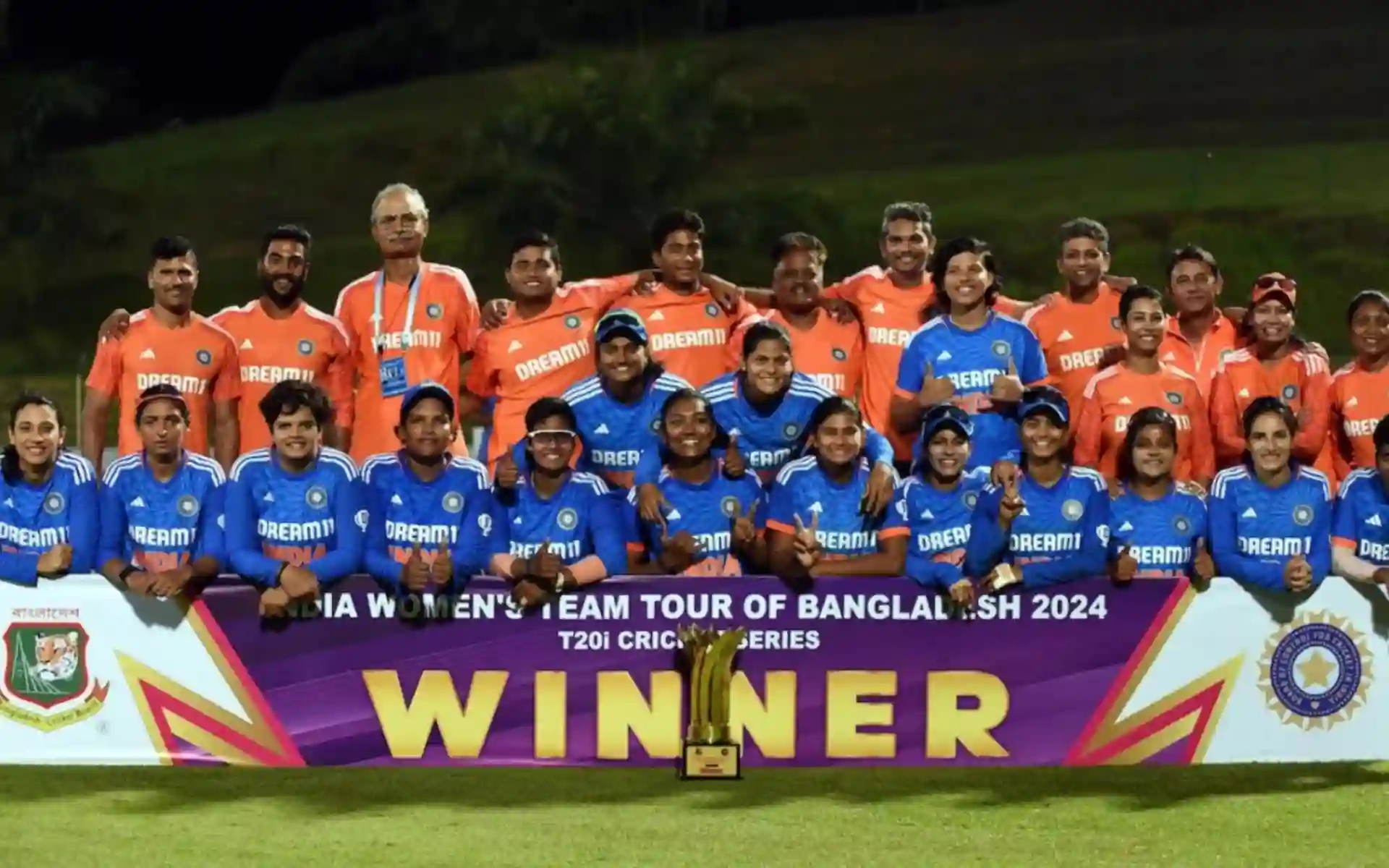 Indian team with the T20I series winner's trophy in Bangladesh in May 2024 (BCB)
