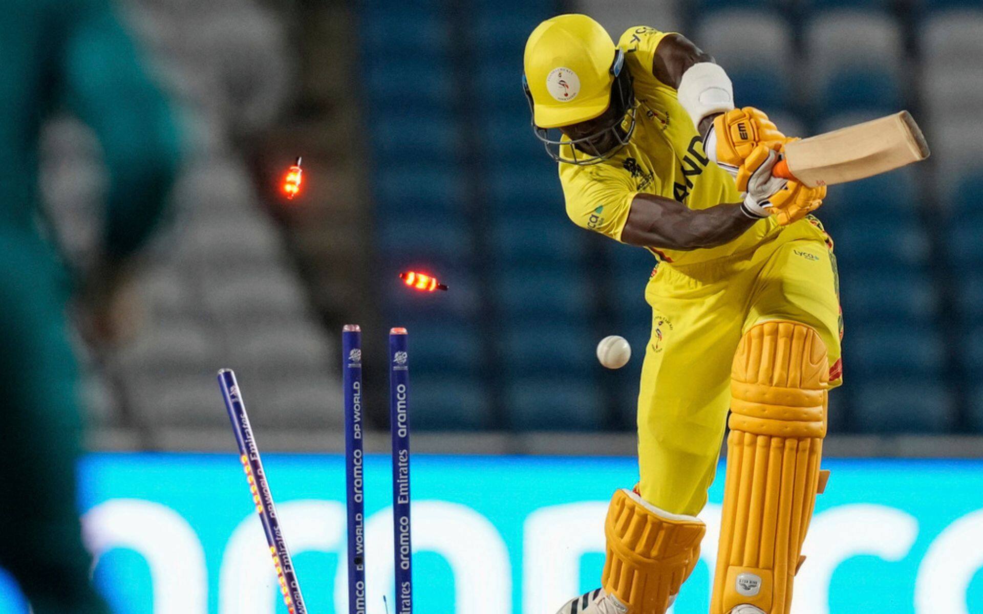 Robinson Obuya getting bowled by Trent Boult in the game vs New Zealand [AP Photos]