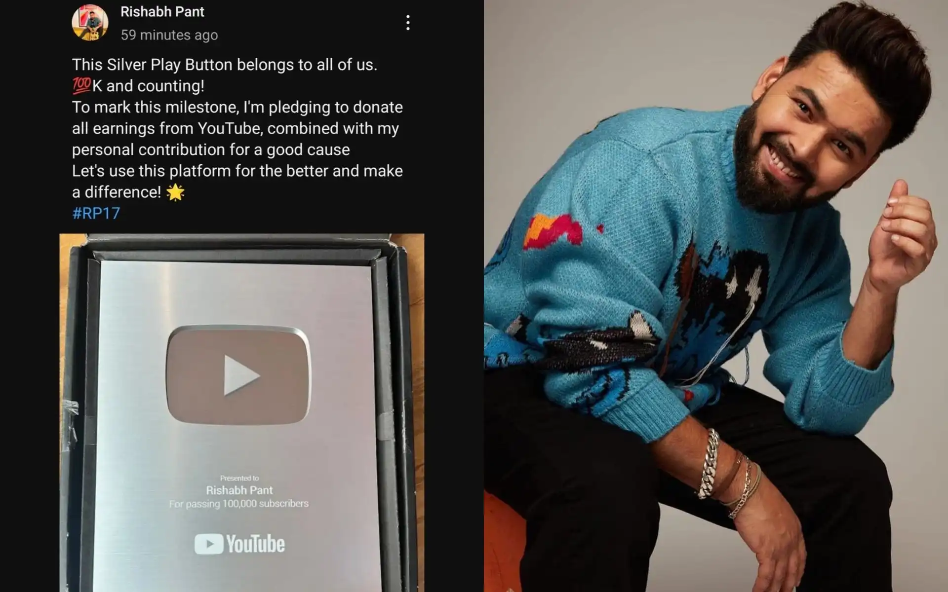 Rishabh Pant's YT channel has hit 100k subscribers (X.com)