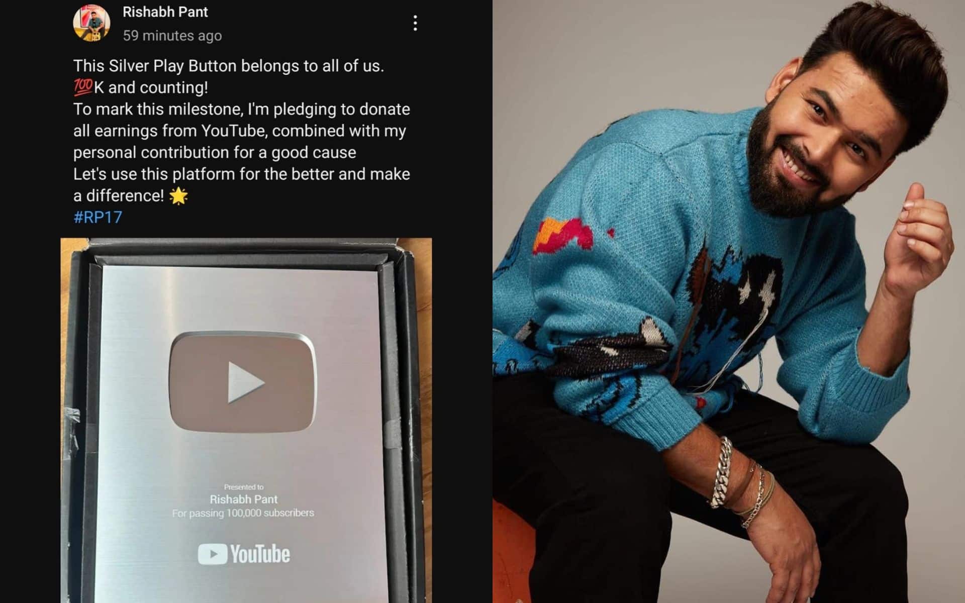 Rishabh Pant Pledges To Donate YouTube Earnings After Receiving Silver Play Button