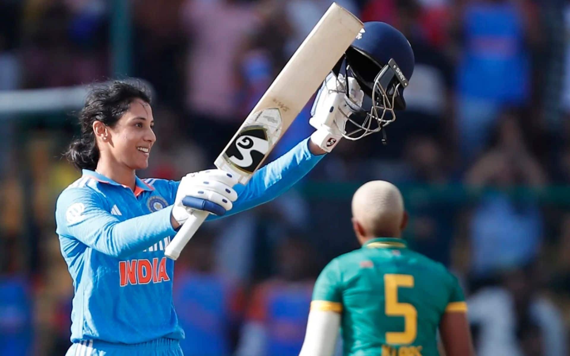 Smriti Mandhana celebrating her sixth ODI century (BCCI)