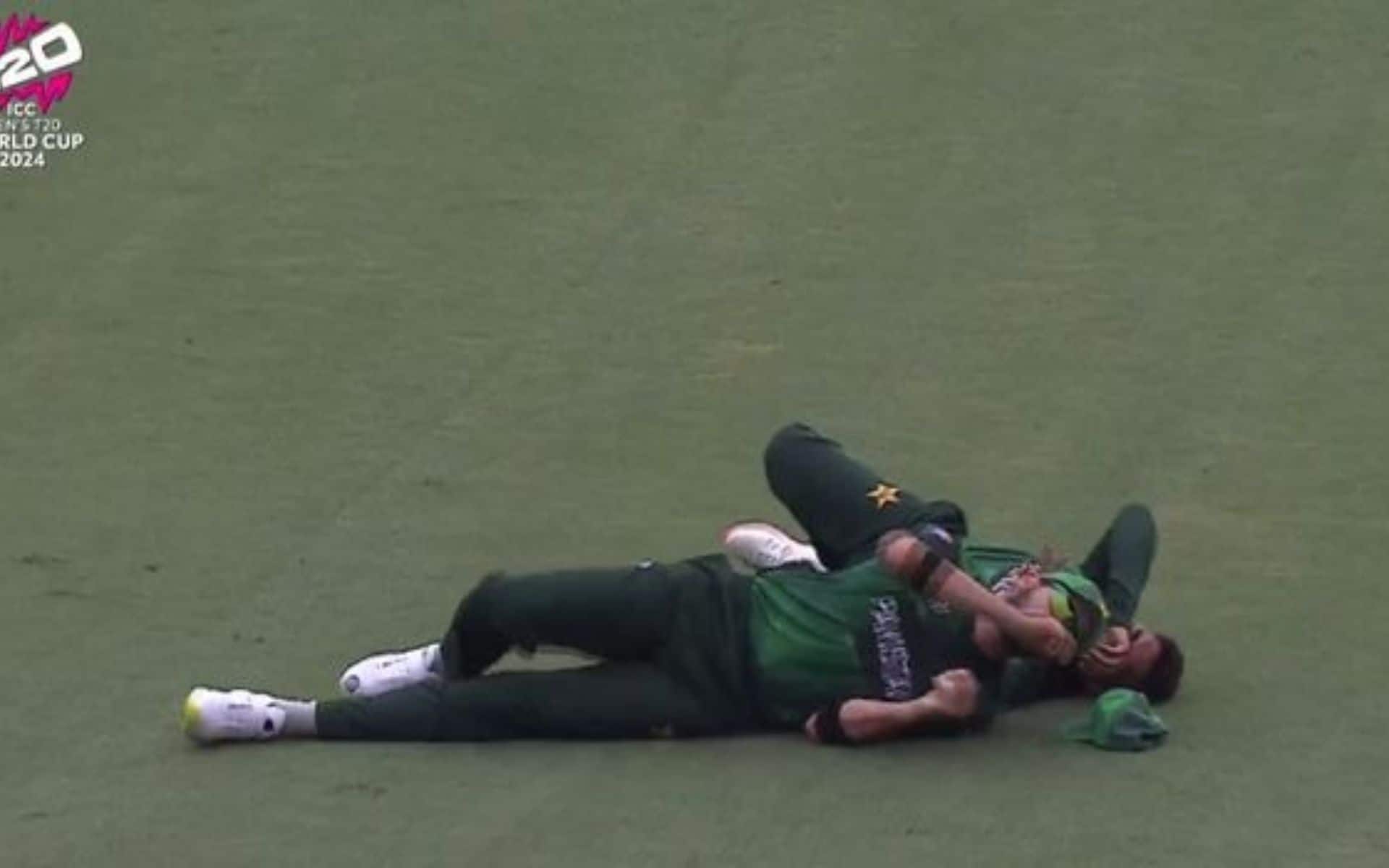 Shaheen Afridi, Usman Khan on the ground after colliding on field (X.com)