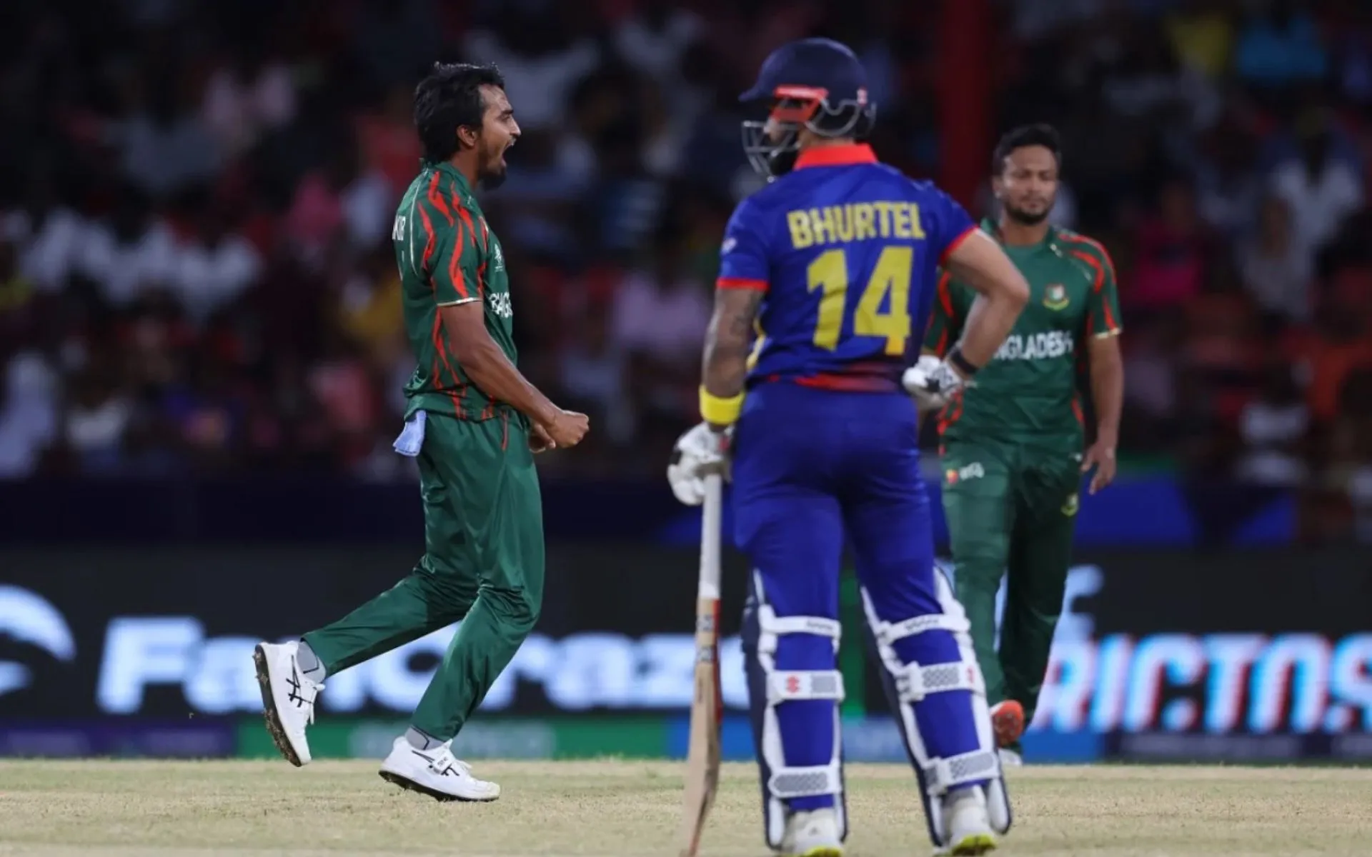 Tanzim Hasan Sakib celebrating a Nepal wicket (x.com)