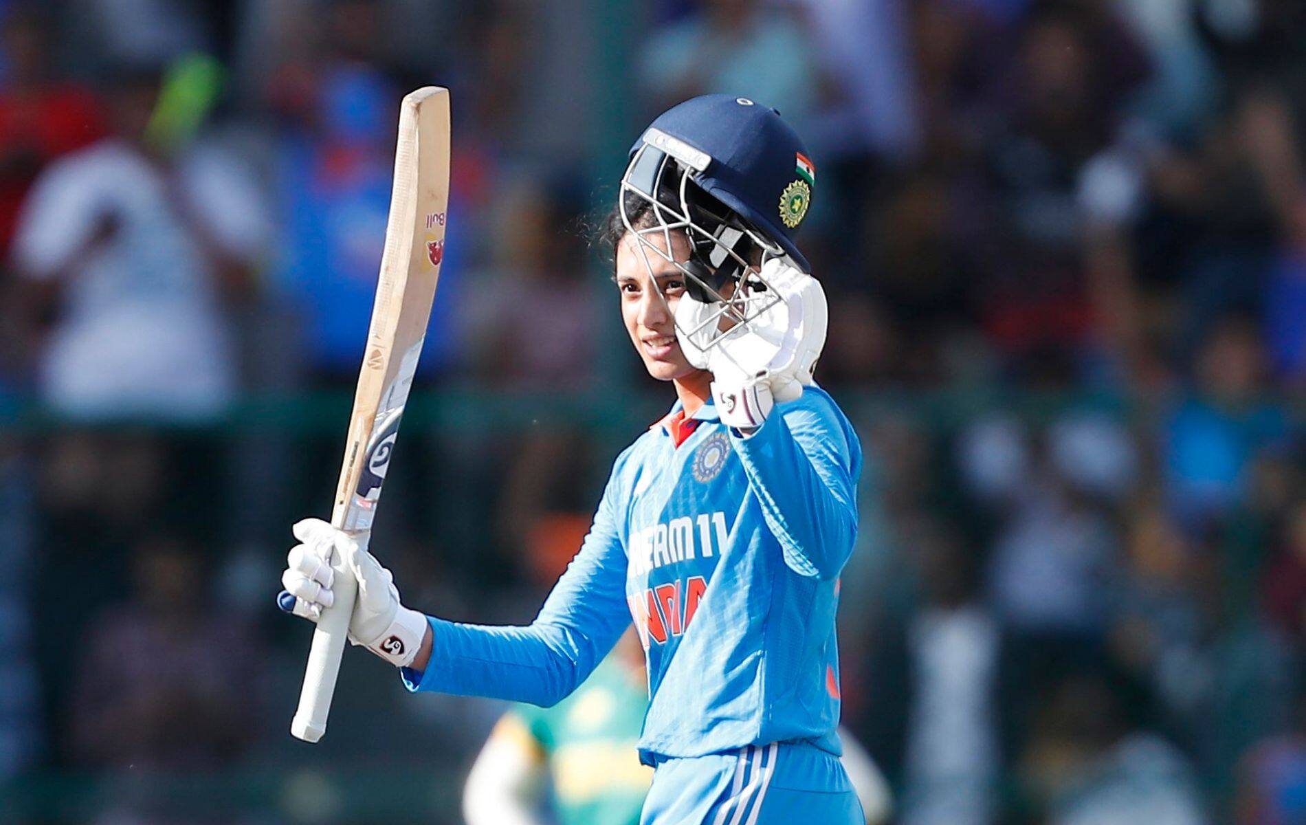 Smriti Mandhana celebrating her hundred Vs South Africa Women (x.com)