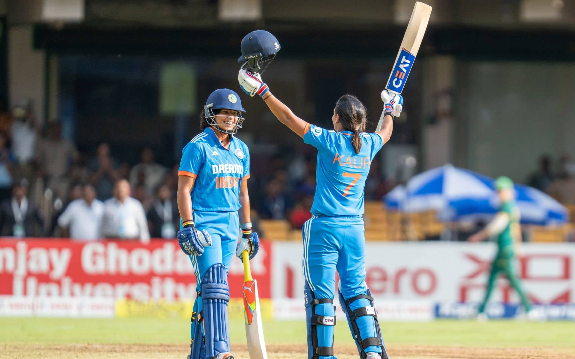 Harmanpreet Kaur celebrating her century in the second IND-W vs SA-W ODI (BCCI)