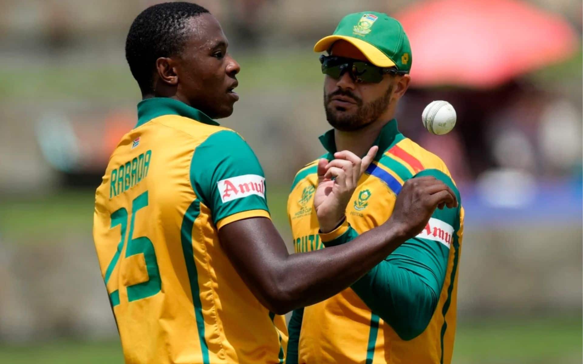 South Africa's Kagiso Rabada with captain Aiden Markram at the 2024 T20 World Cup (AP)