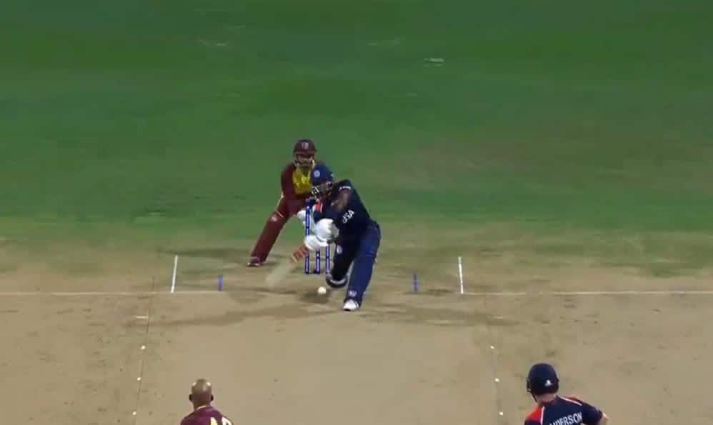 Aaron Jones was bowled by Roston Chase in the Super 8 game at Barbados.[x.com