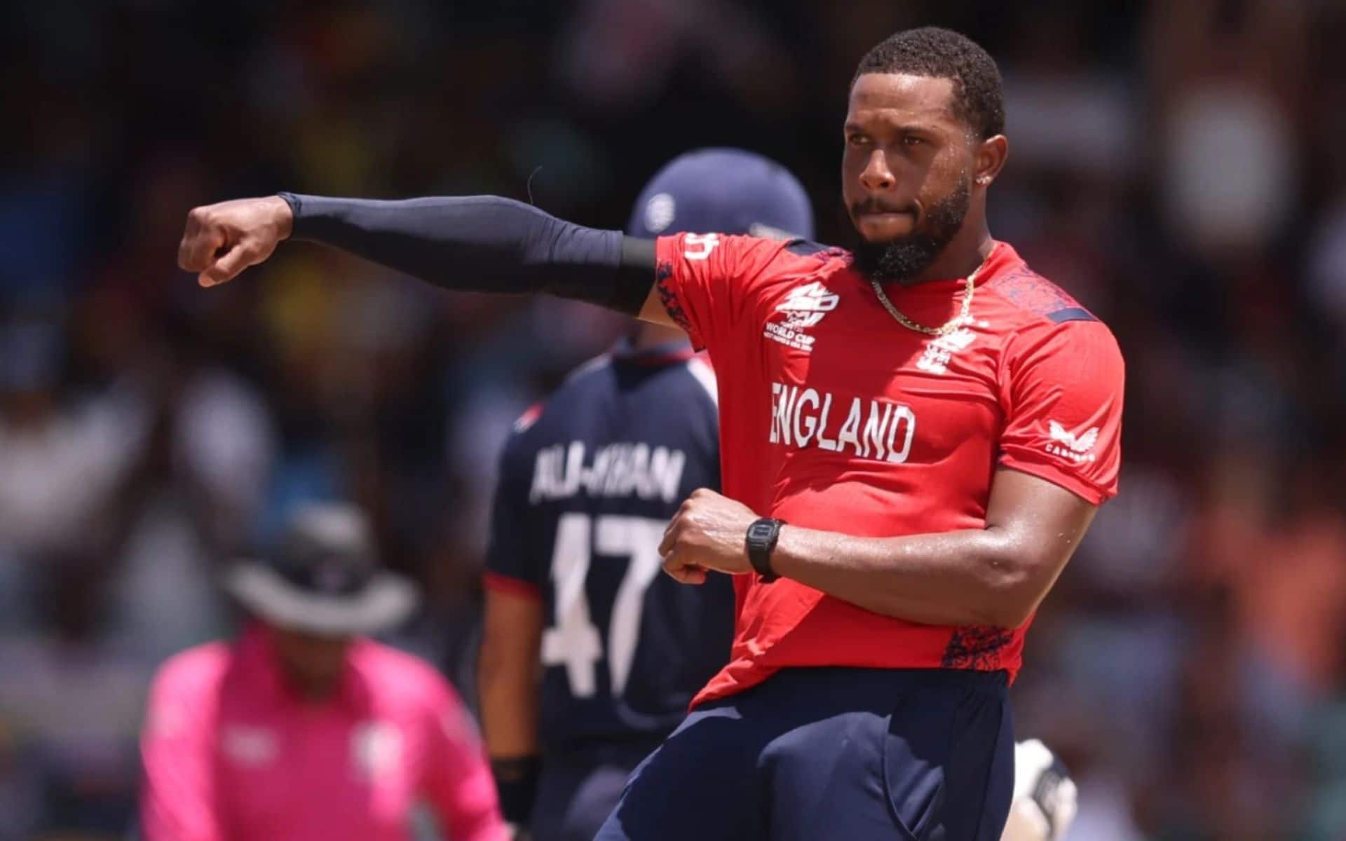 Chris Jordan celebrating one of his hat-trick wickets against USA (x.com)