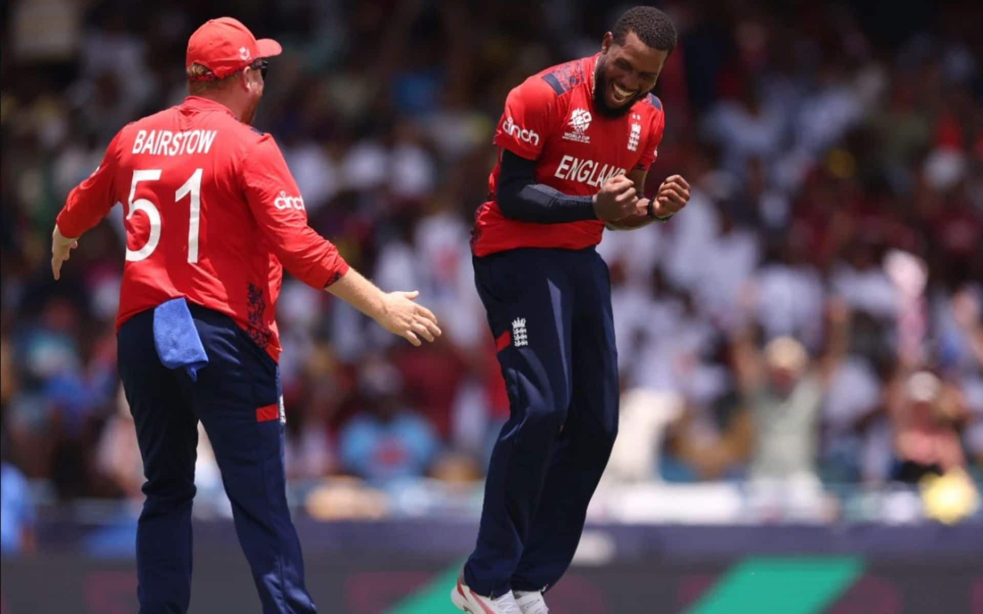 Chris Jordan celebrating his hat-trick at the 2024 T20 World Cup (x.com)