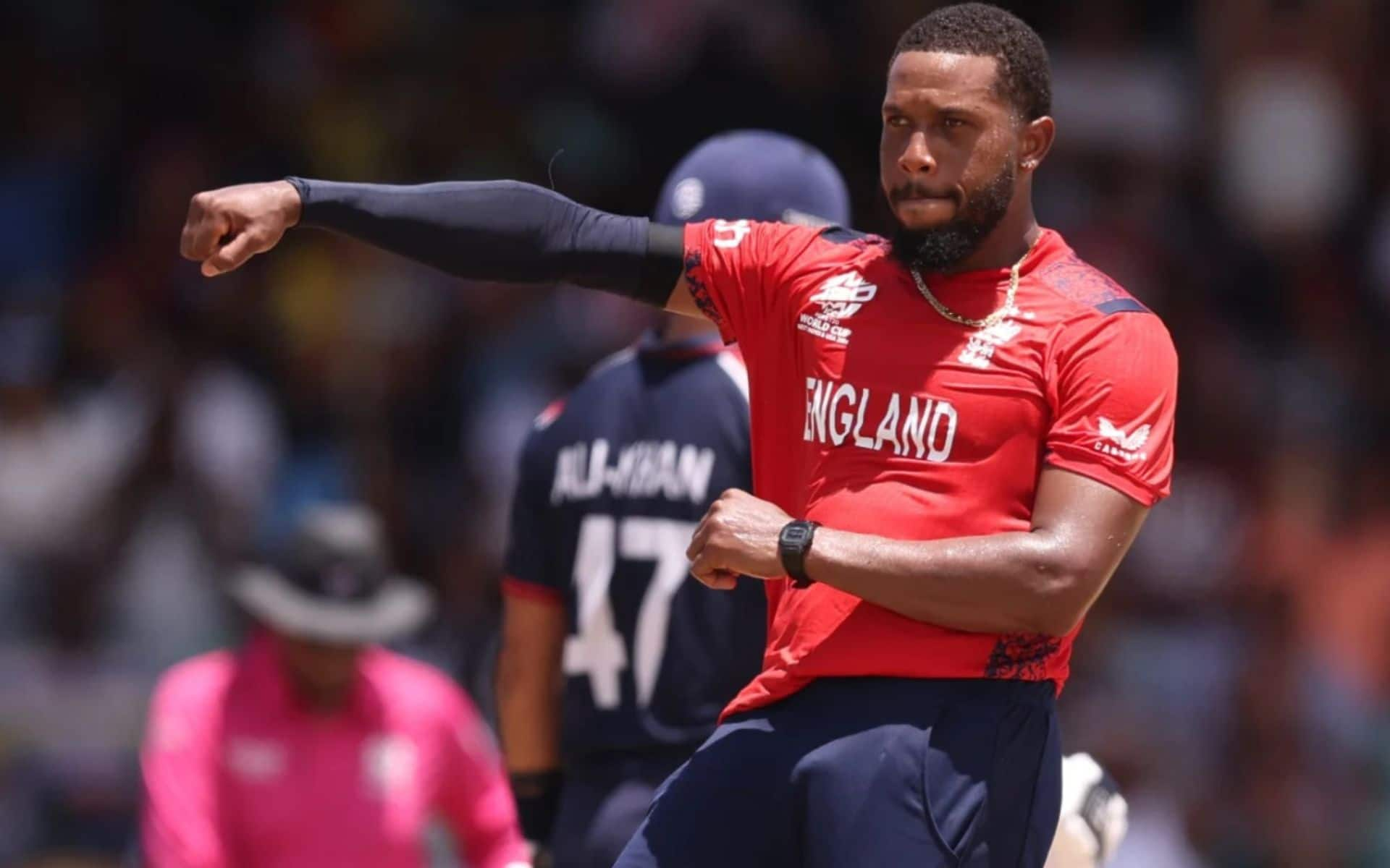 Jordan celebrating one of his three hat-trick wickets against USA (x.com)