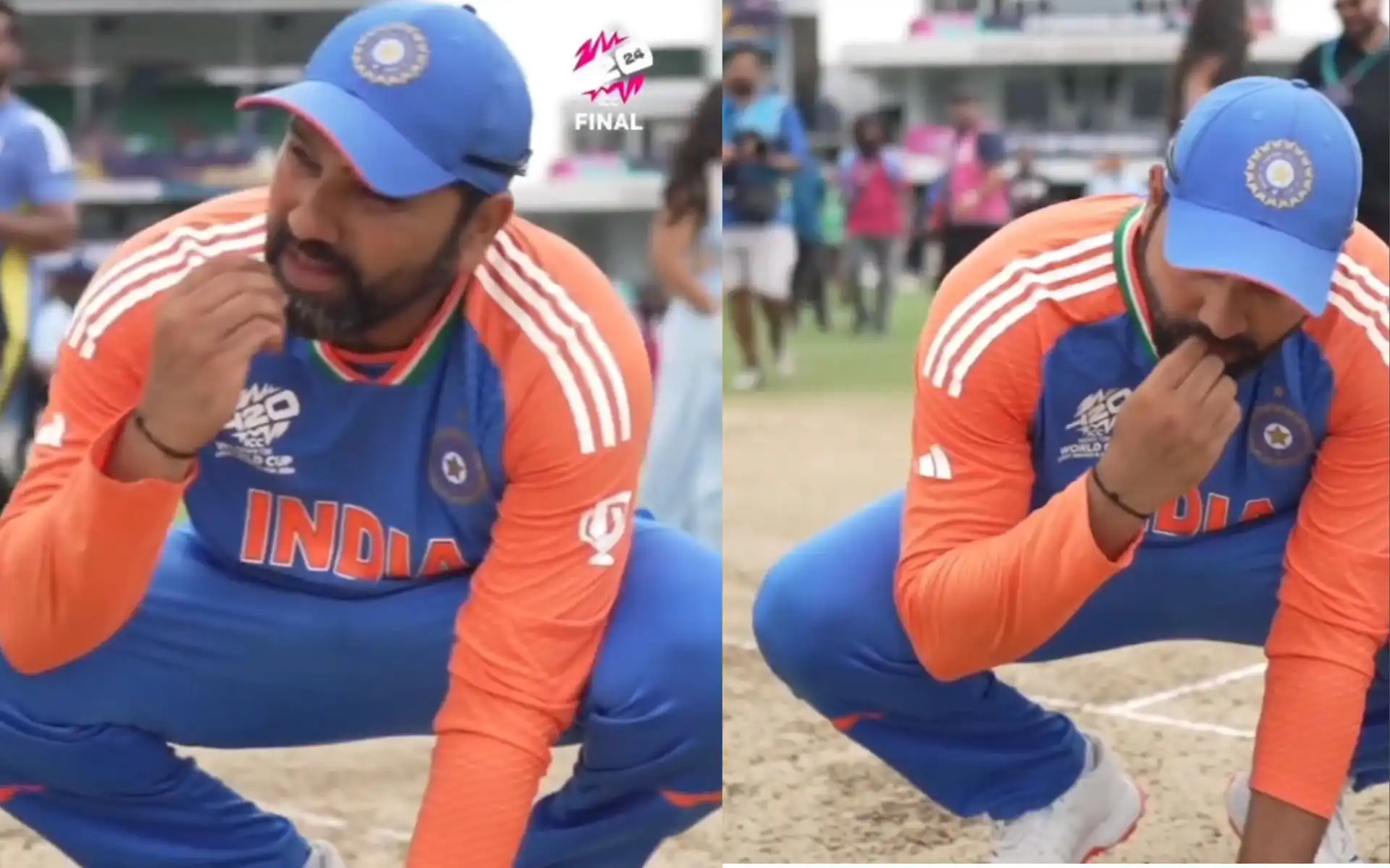 Rohit Sharma tasting Barbados pitch after T20 WC Triumph (X.com)