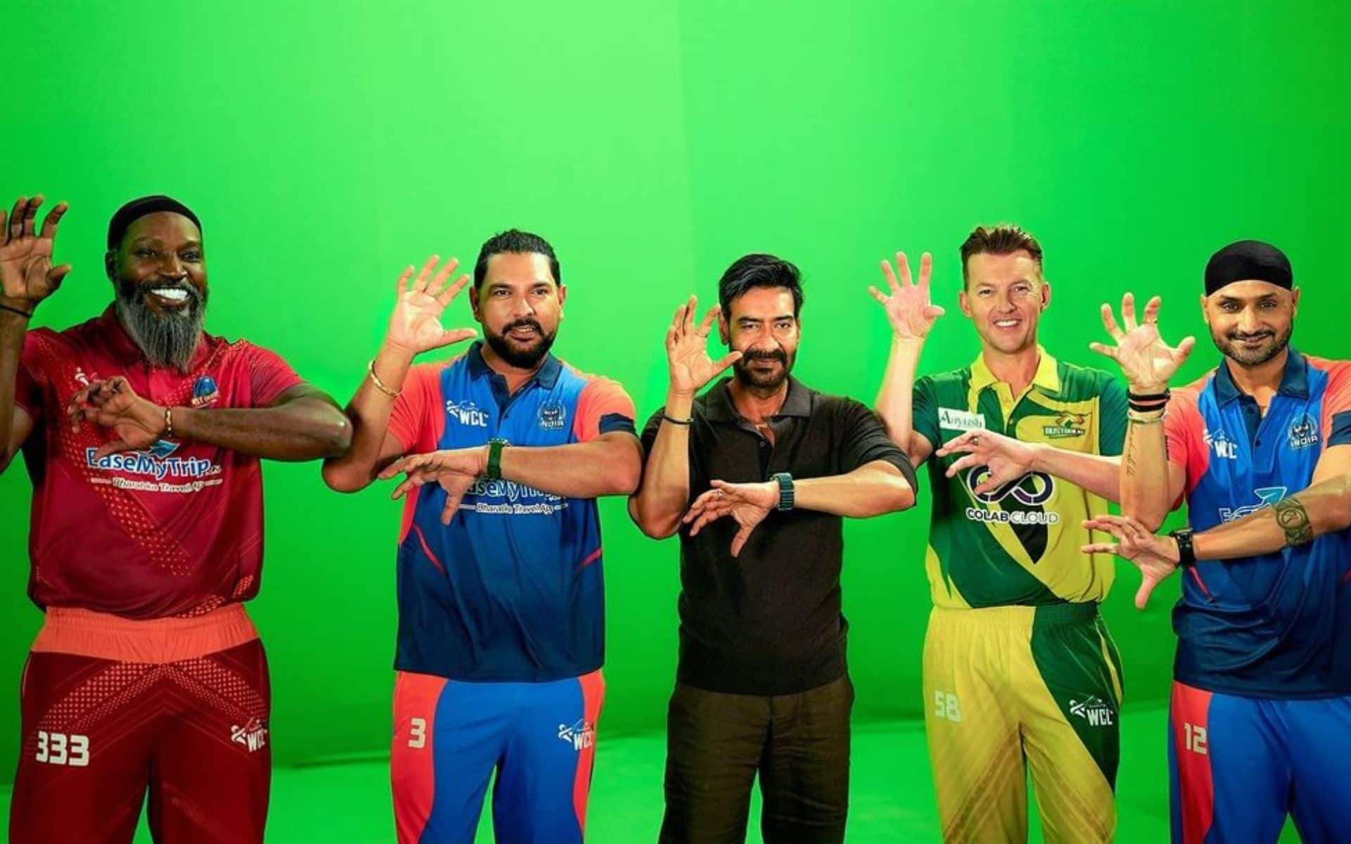  Yuvraj, Harbhajan, Gayle, Lee posing with Ajay Devgn for a picture (X.com)
