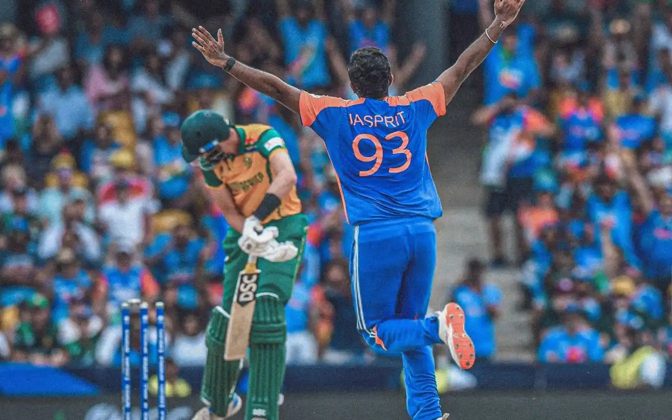 Jasprit Bumrah celebrates important wicket against SA at T20 WC finals (X.com)