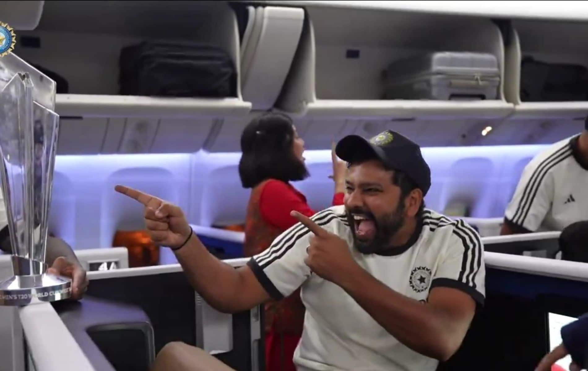 Rohit Sharma with the T20 World Cup title in flight (X)