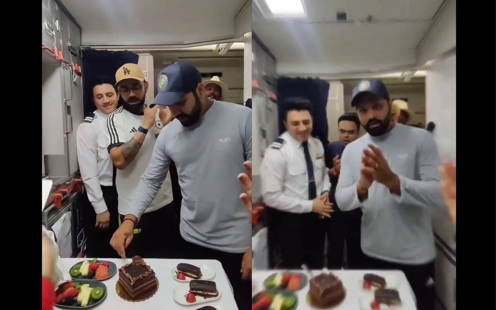 Rohit and Virat celebrate along with staff of Vistara Airlines (x)