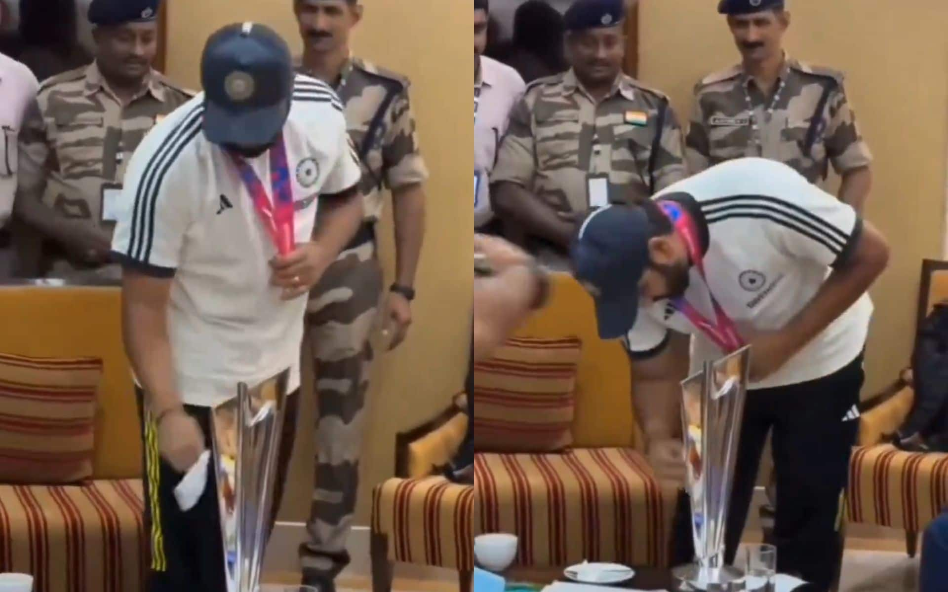 Rohit Sharma cleaning T20 World Cup trophy (x.com)