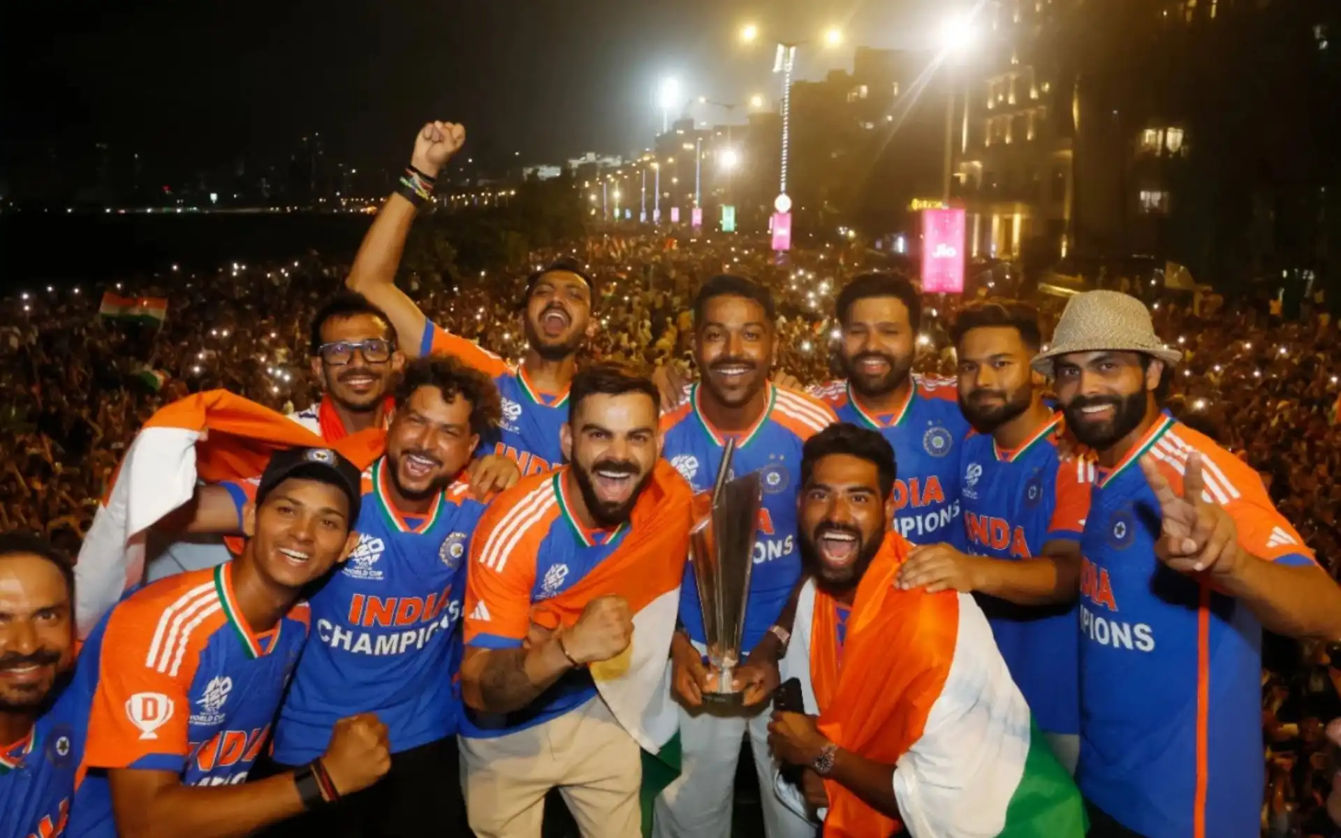 Yashasvi Jaiswal with Indian teammates during winning parade (BCCI)