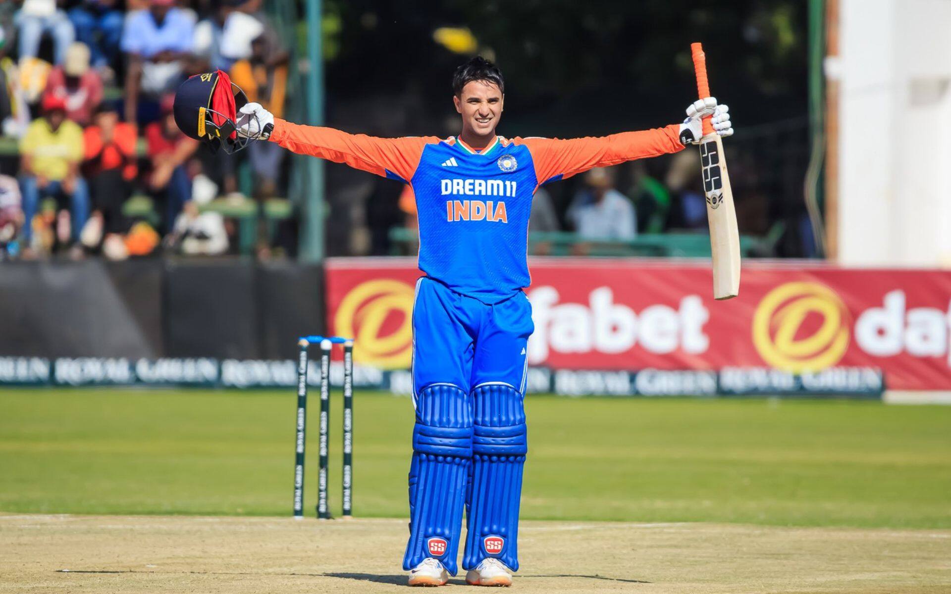 Abhishek Sharma celebrates after his Maiden T20I Hundred (x)