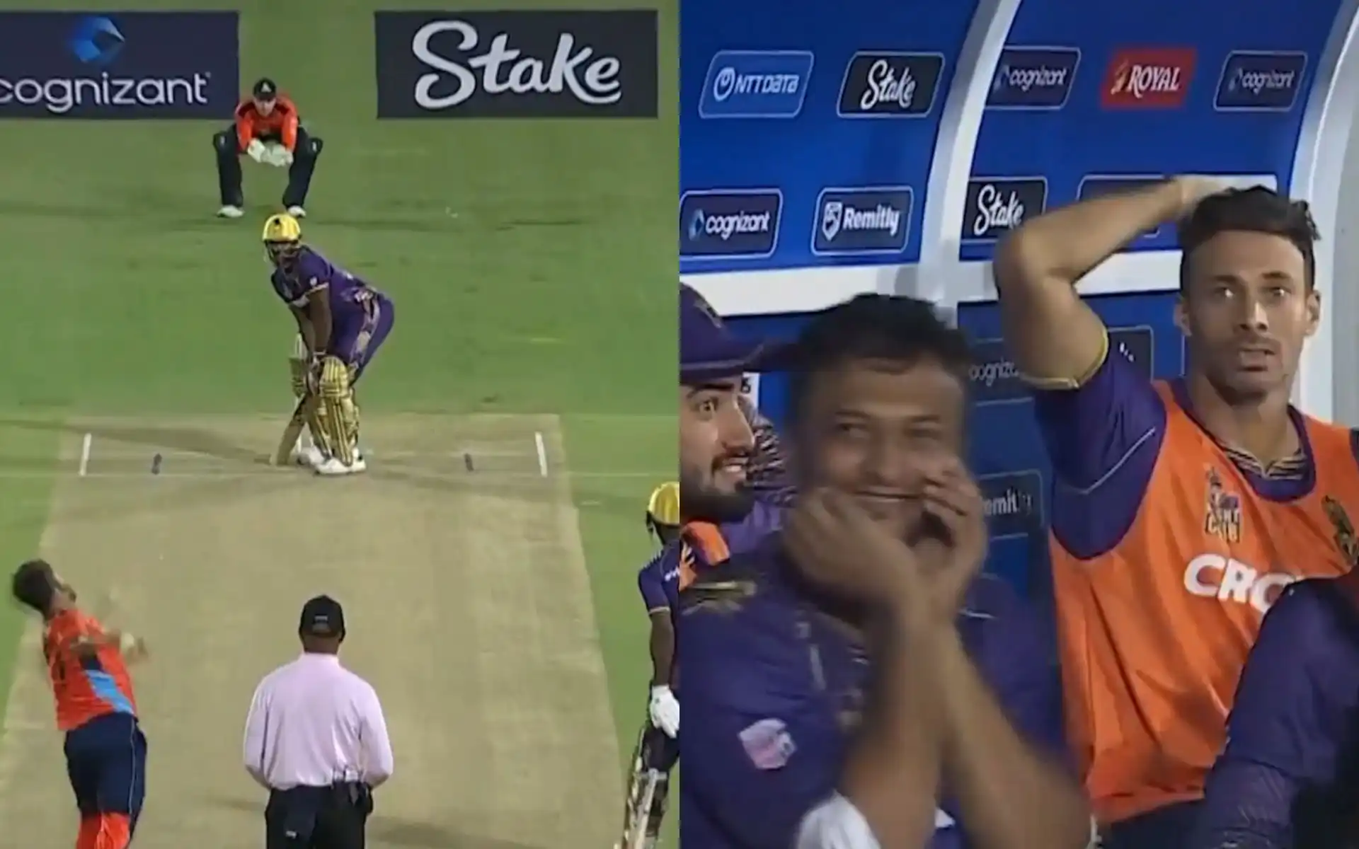 Shakib Al Hasan's reaction after Russell's 108 M six vs Rauf (X.com)