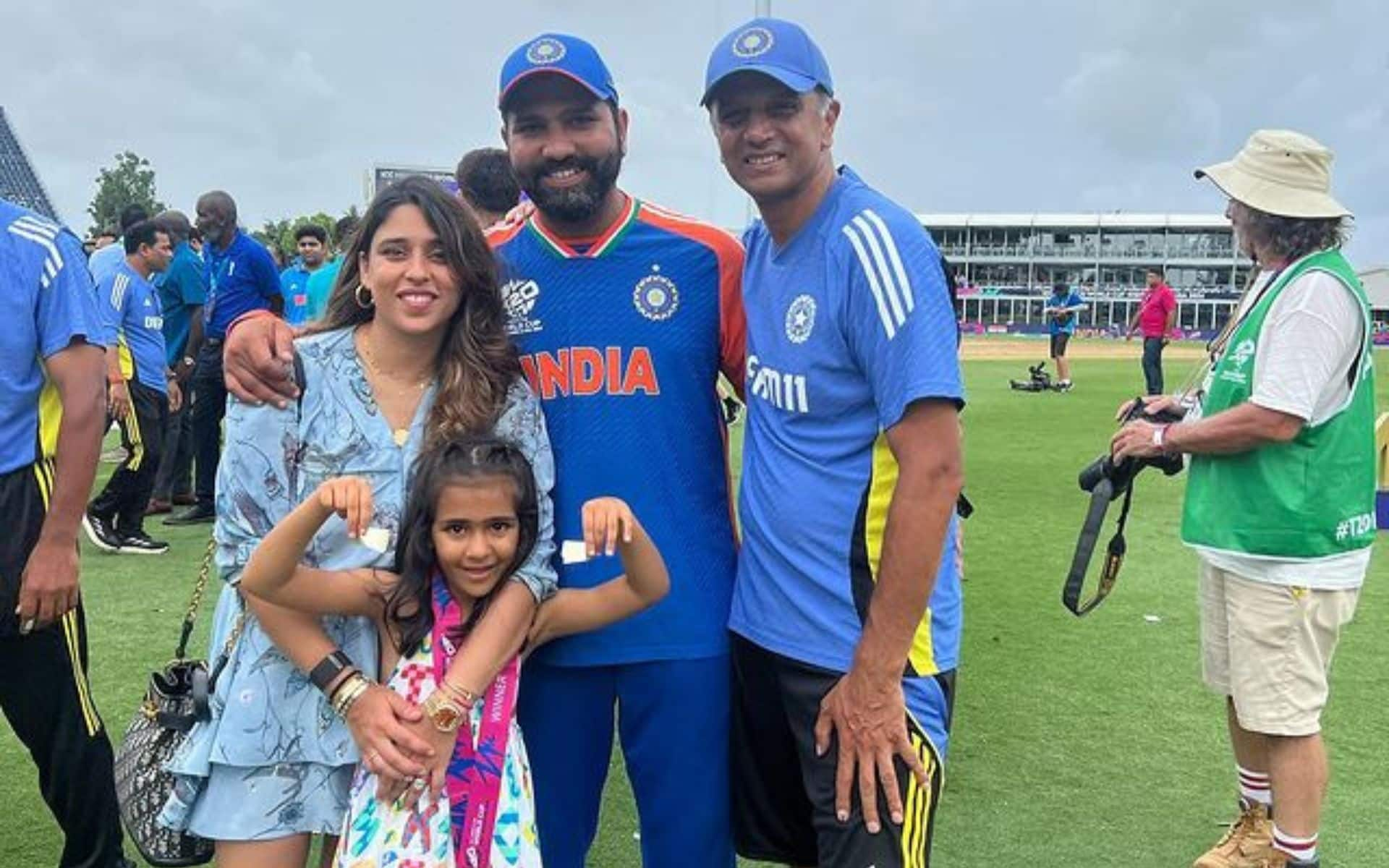 Rahul Dravid with Rohit Sharma's family after India's 2024 T20 World Cup win (x.com)