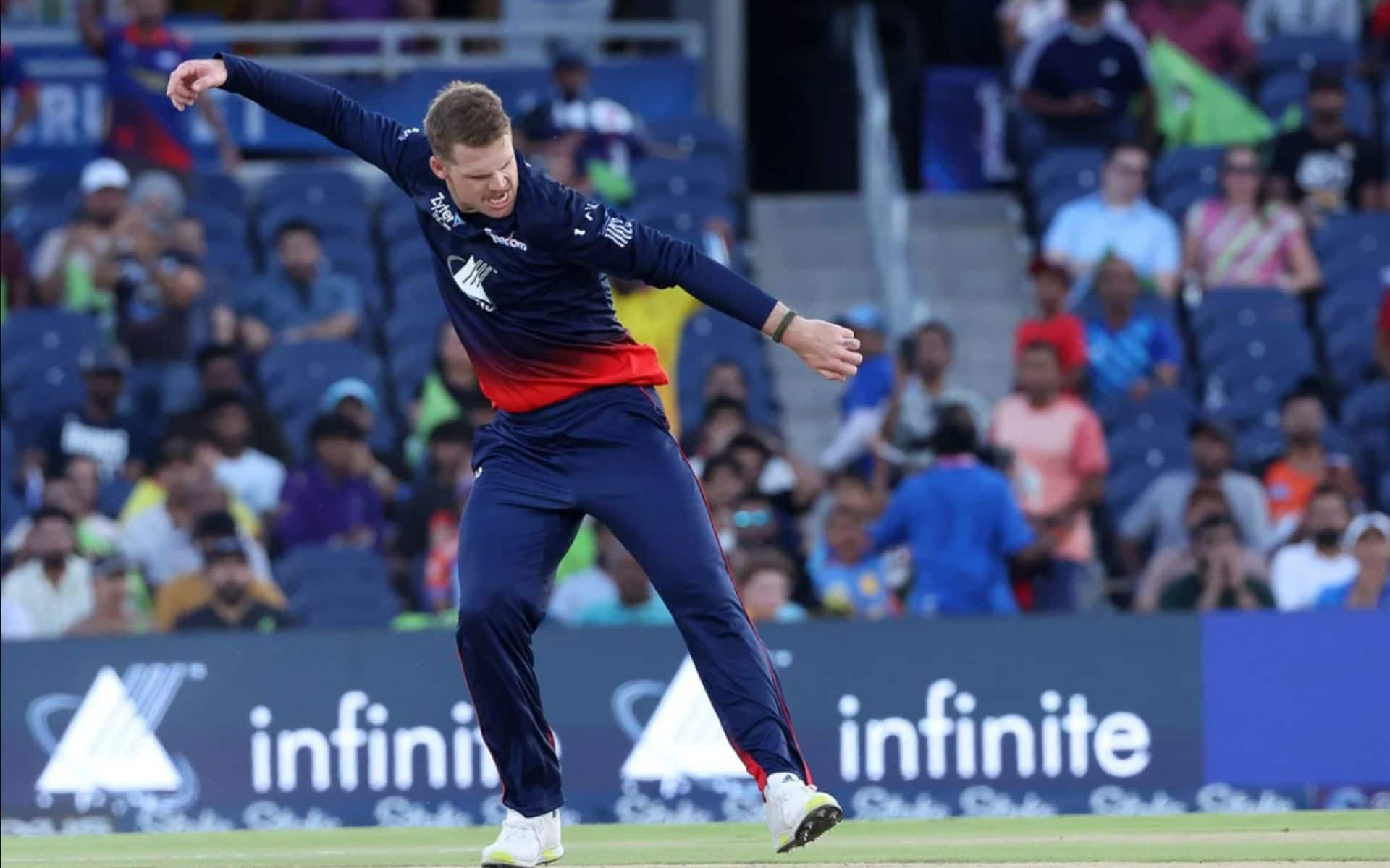 Lockie Ferguson celebrating his four-wicket haul against Seattle Orcas (MLC)