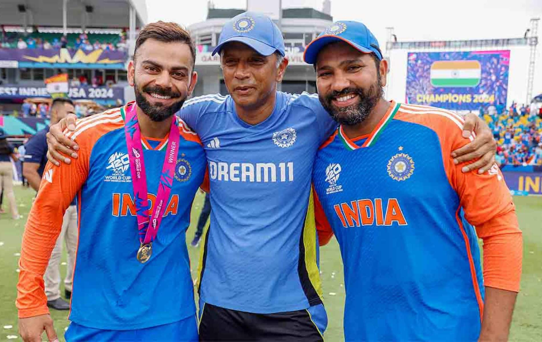 Dravid with Rohit and Kohli after the T20 World Cup win (X.com)