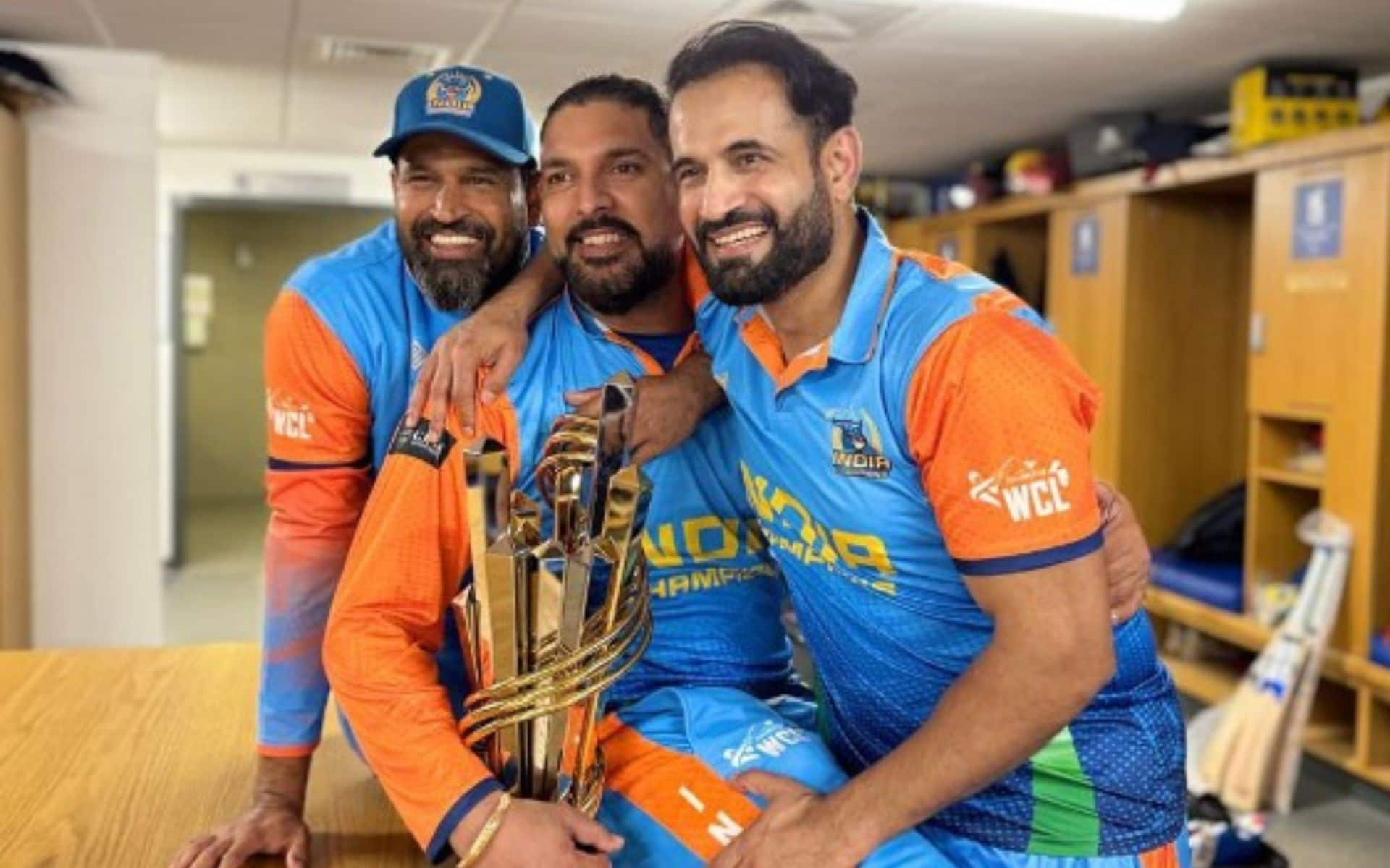 Yusuf Pathan, Yuvraj Singh & Irfan Pathan celebrate with the trophy (Twitter)