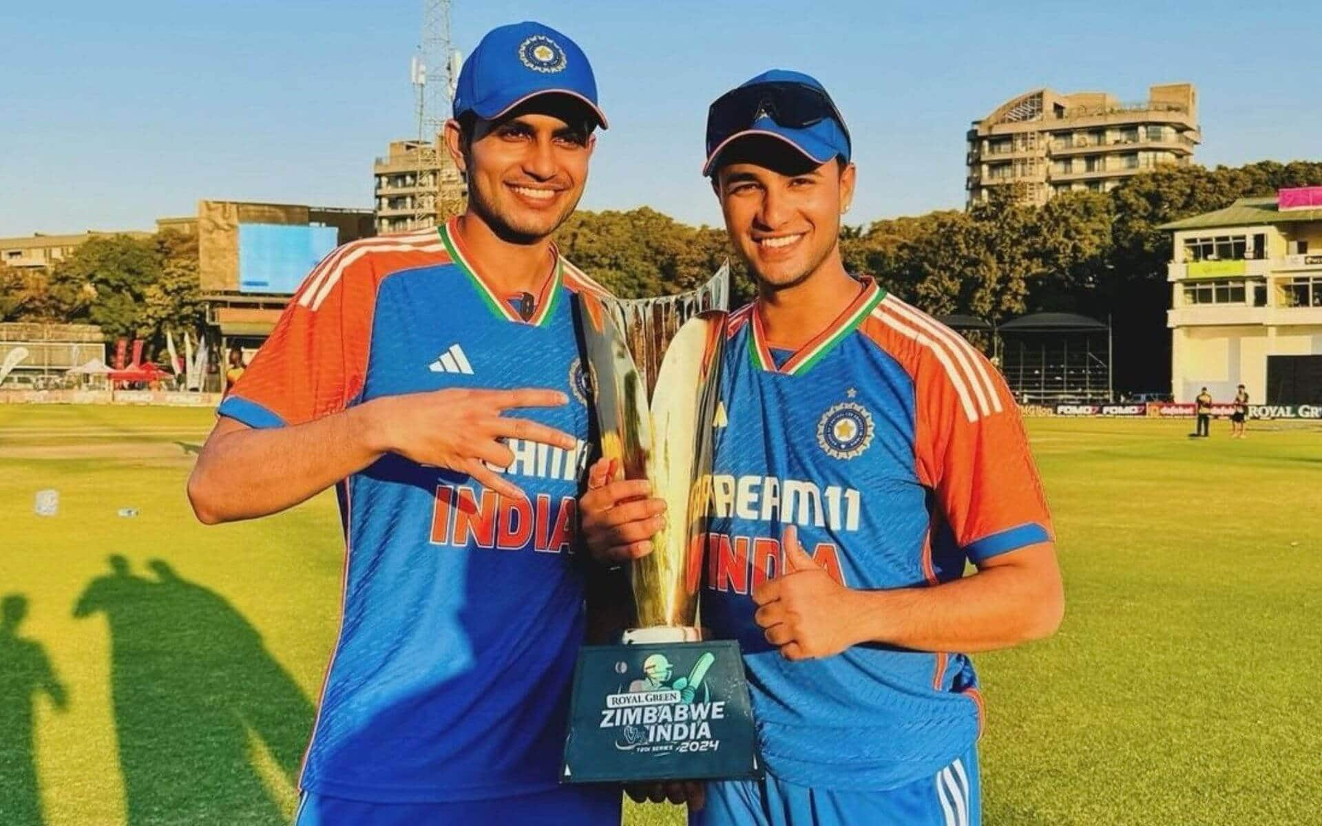 Shubman Gill and Abhishek Sharma with the trophy after the series against Zimbabwe [X]