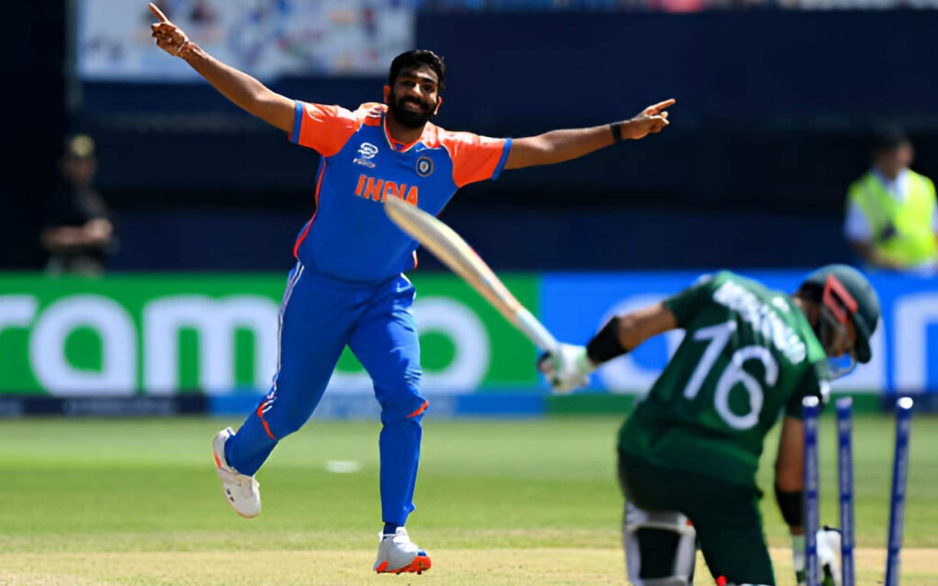 Bumrah in action with Rizwan in the background (x.com)