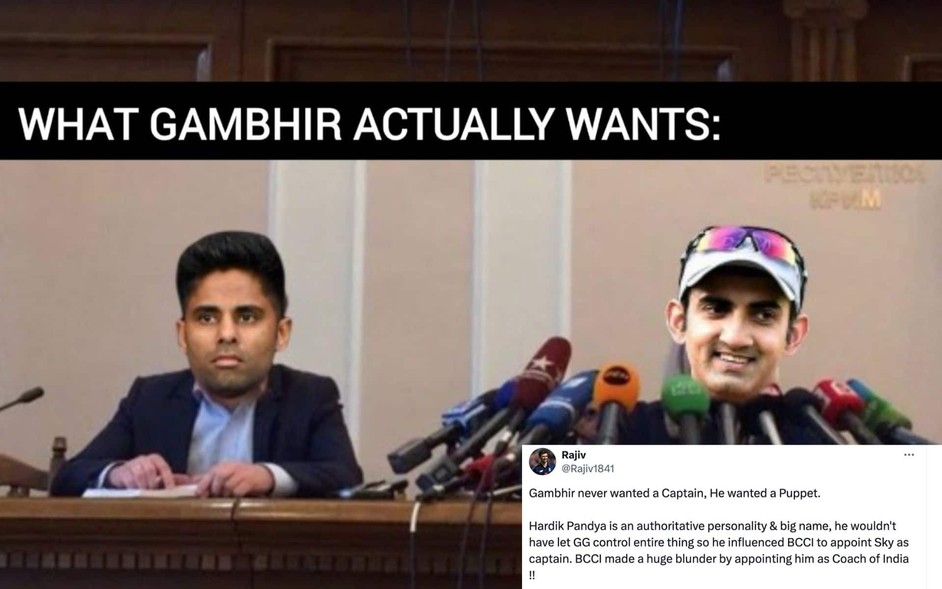 'Not A Captain, But A Puppet': Netizens Slam Gambhir For Preferring SKY Over Pandya In T20Is