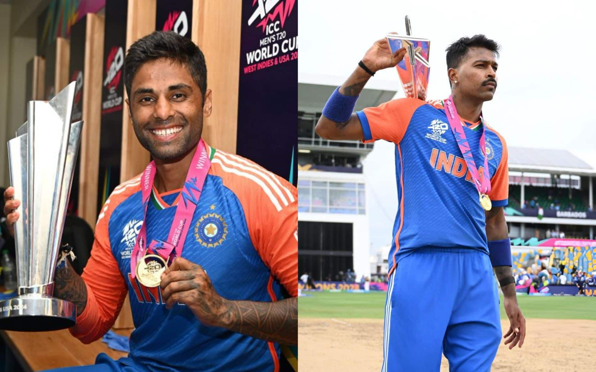 Suryakumar Yadav and Hardik Pandya with the T20 World Cup 2024 Trophy [X]