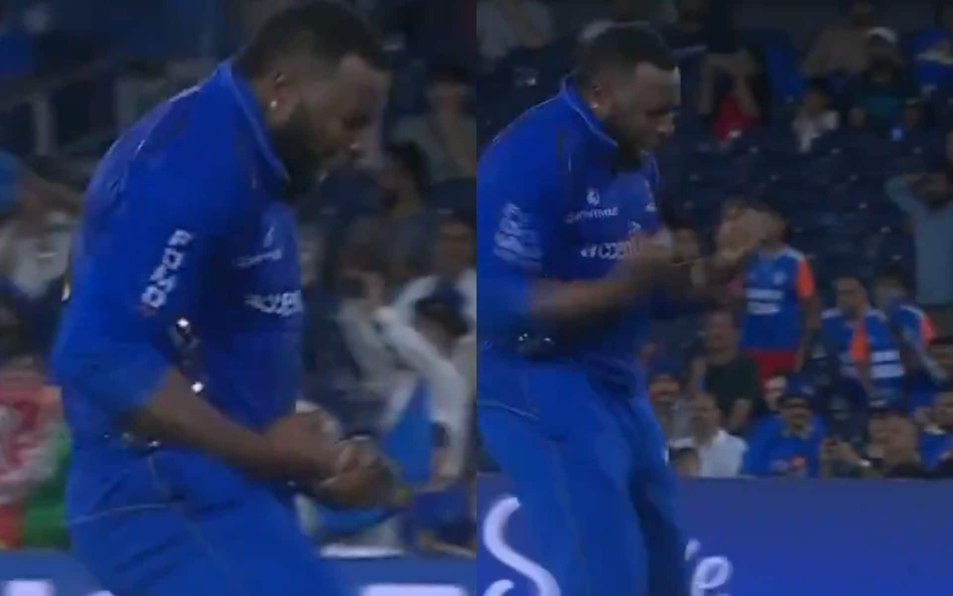 Kireron Pollard celebrated wildly after getting the wicket of Andre Russell [X]