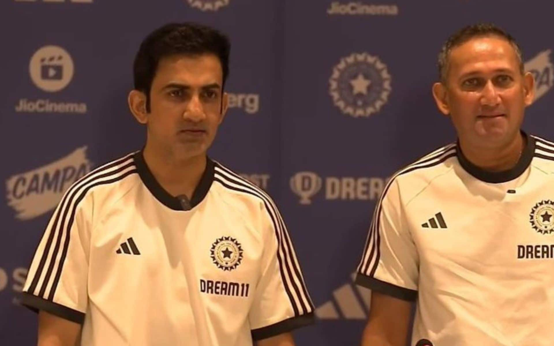 Gautam Gambhir and Ajit Agarkar during the former's first ever press conference as the Head Coach of India [X]