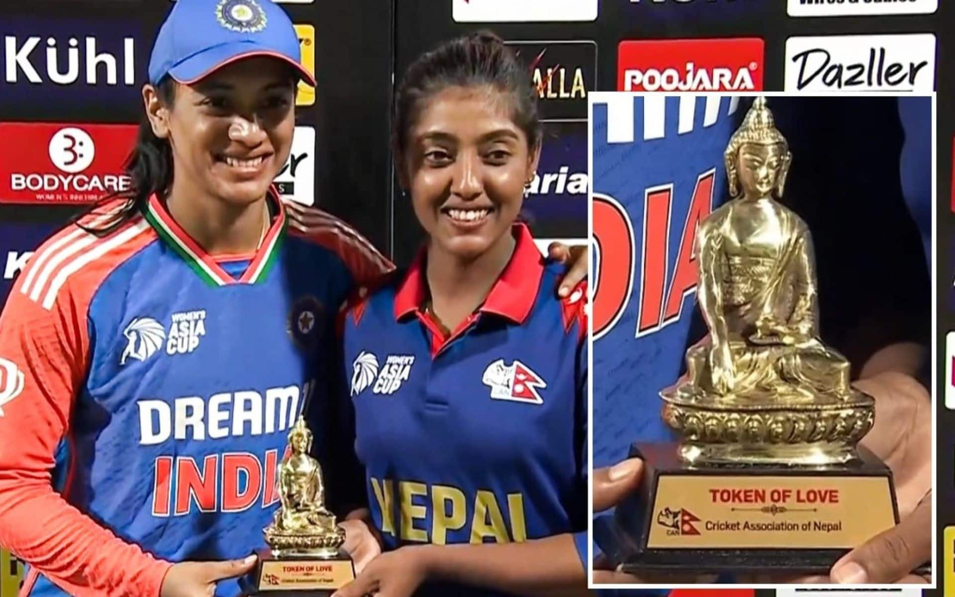 Smriti Mandhana and Indu Barma with Buddha Trophy (X.com)