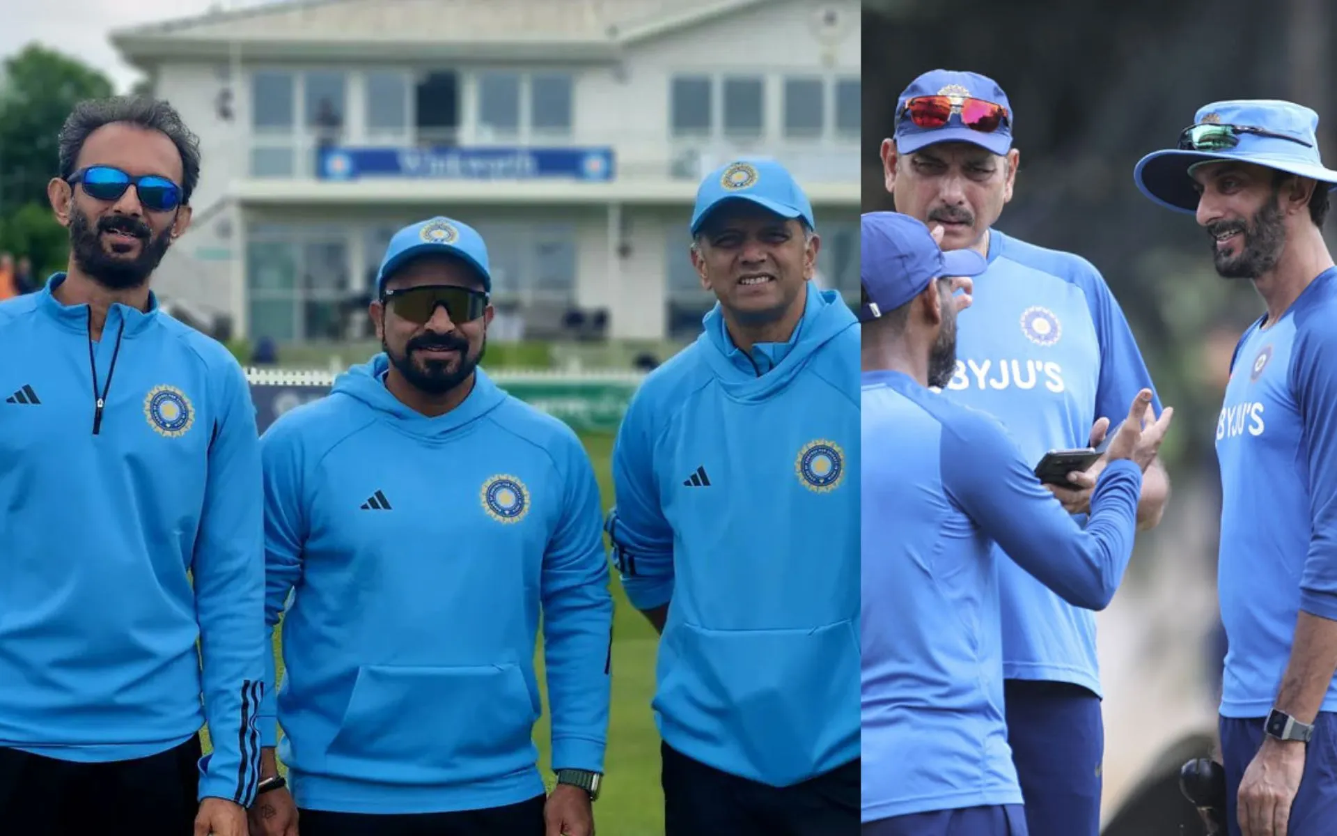 Vikram Rathour with Ravi Shastri and Rahul Dravid (X.com)