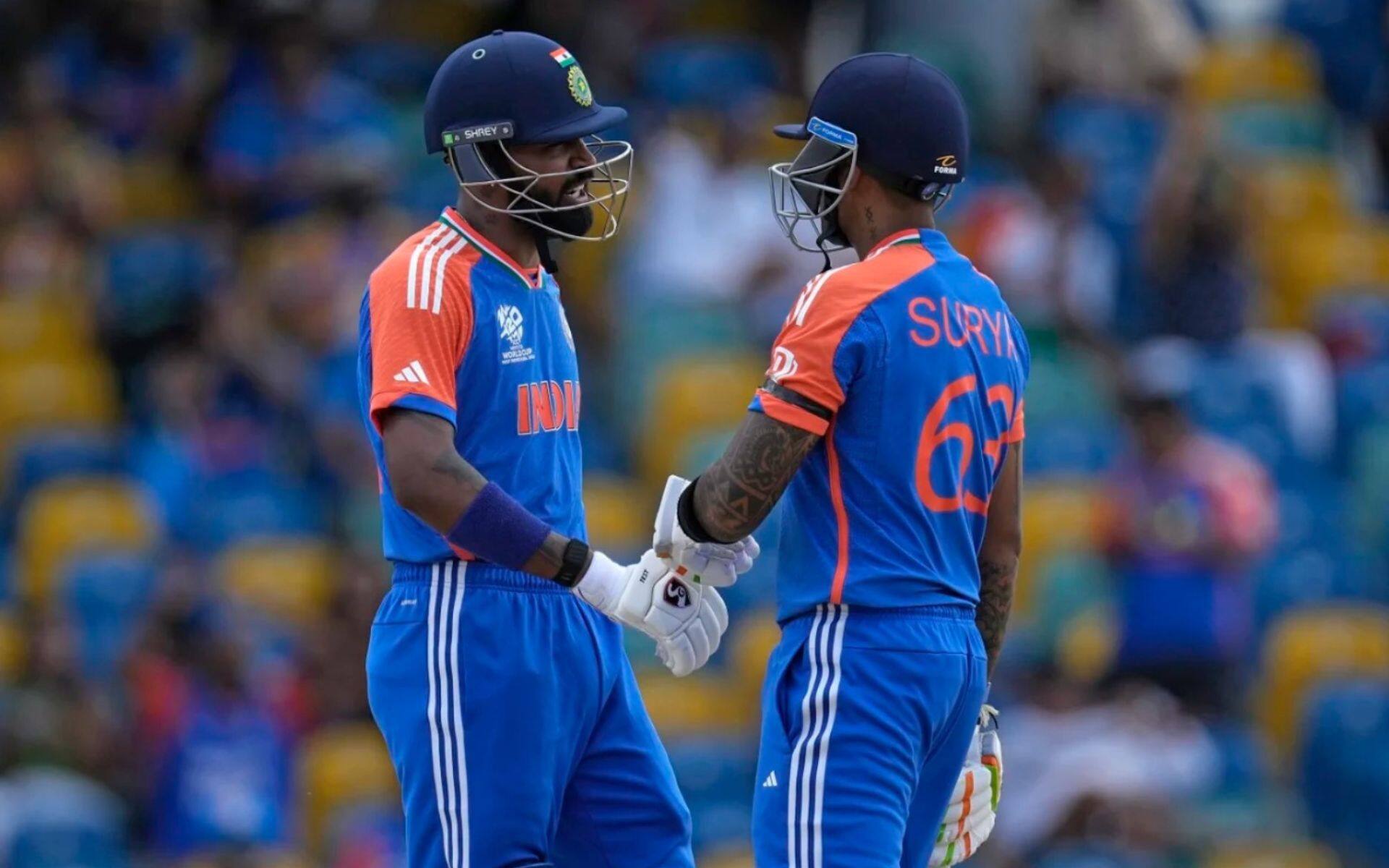 Hardik Pandya with Suryakumar Yadav during the 2024 T20 World Cup (AP)